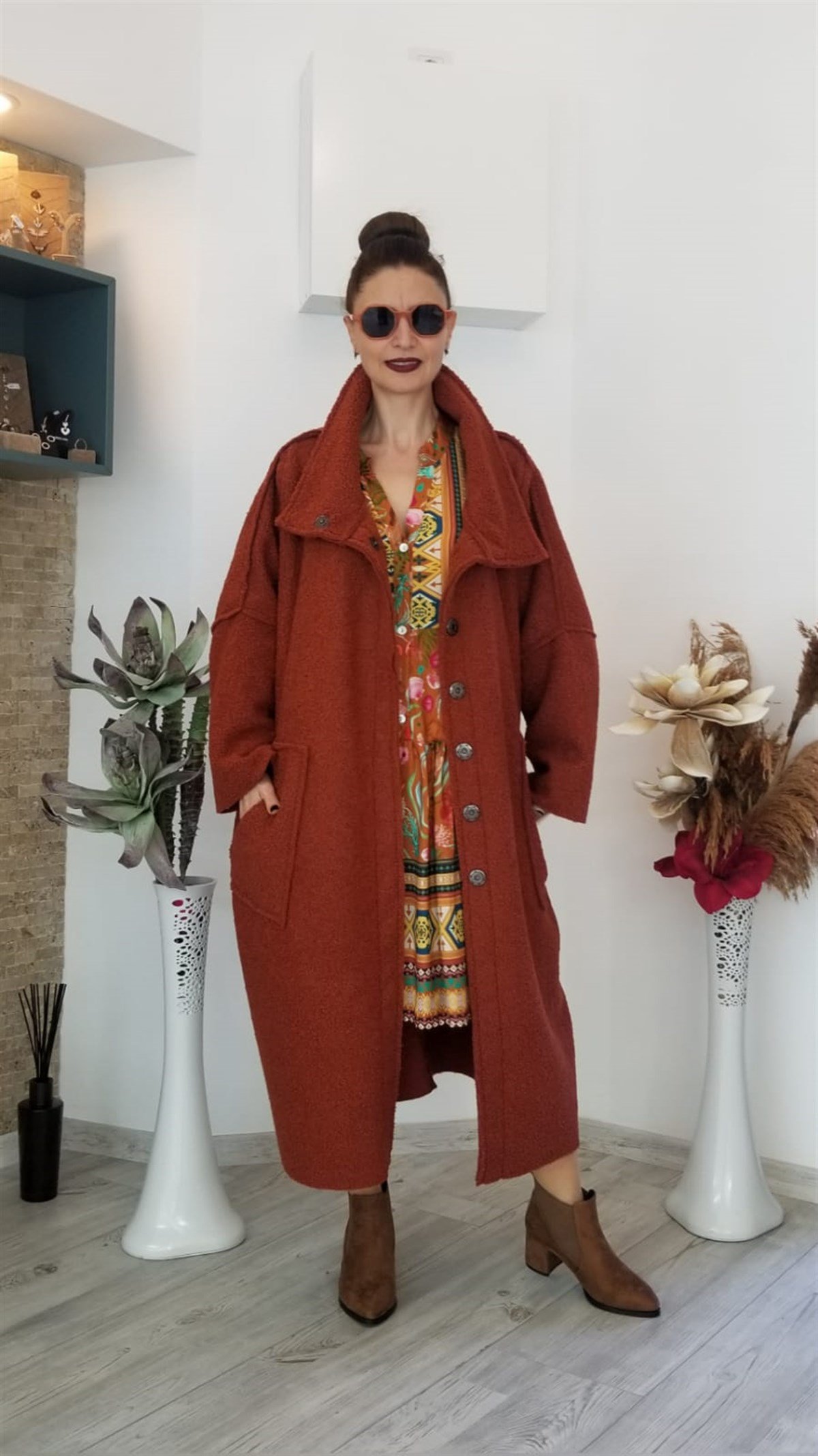 Kiremit Renği Yün Buklet İçi Polar Kaban (Oversize)