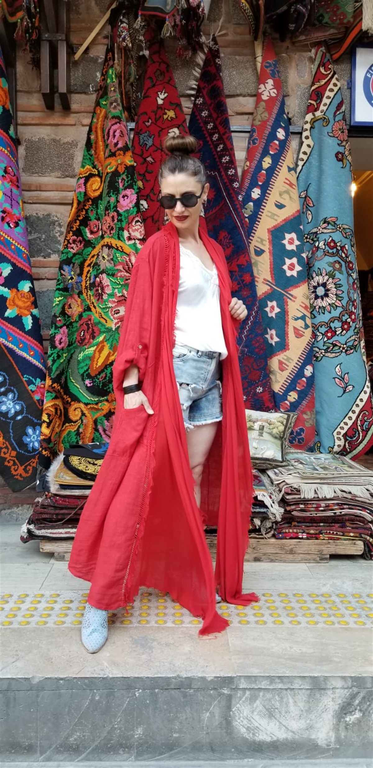 Kırmızı İtalyan Keten Kumaş Kaftan