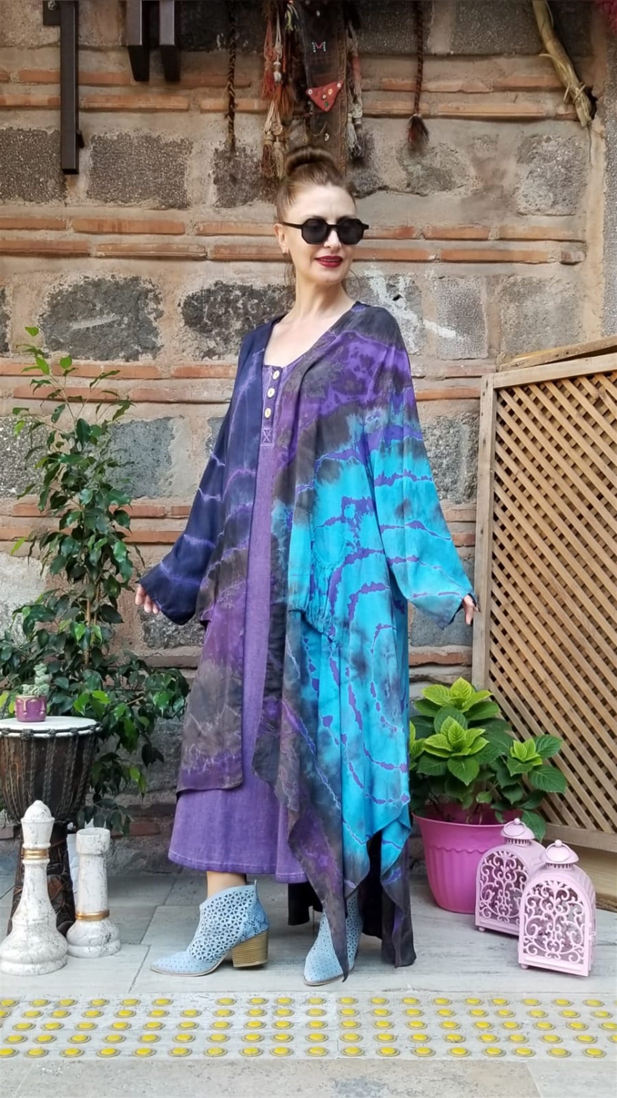 Lacivert Batik Desenli Asimetrik Kaftan 
