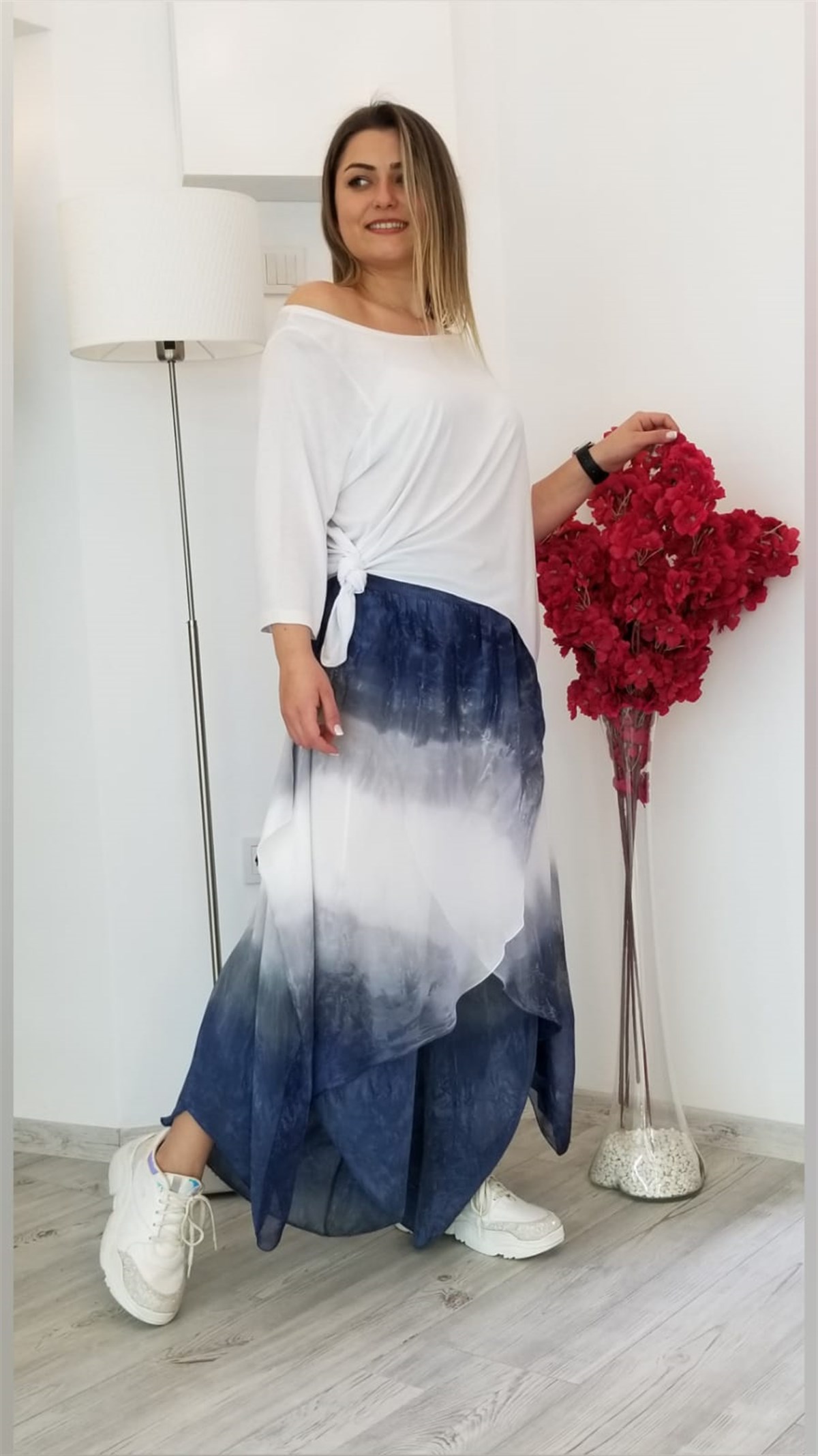 Lacivert Batik Desenli İpek Kumaş İçi Astarlı Şalvar Etek