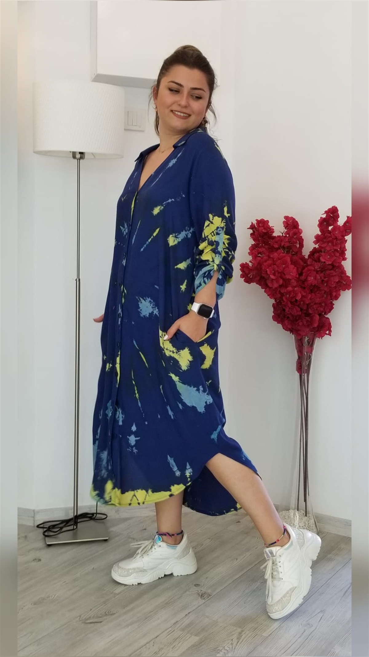 Lacivert Batikli Önü Ful Düğmeli Gömlek Elbise