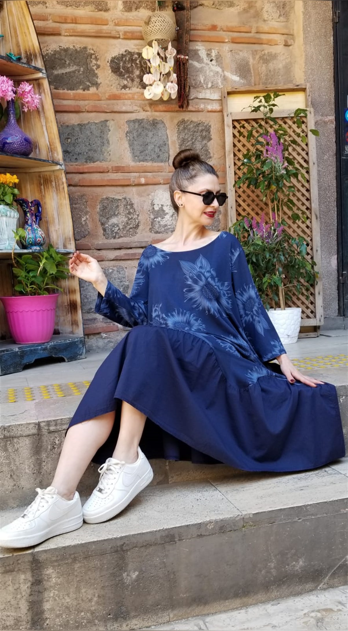 Lacivert Çiçek Desenli Elbise