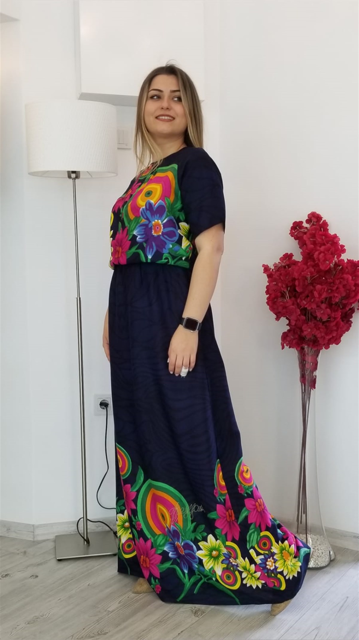 Lacivert Çiçek Desenli Maxi Boy Elbise
