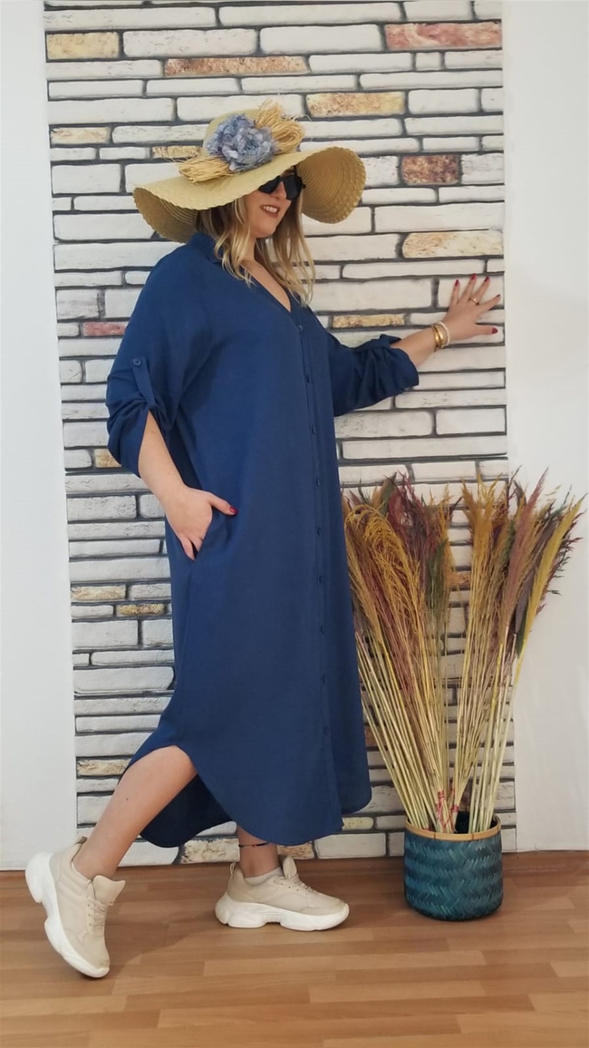 Lacivert Önü Full Düğmeli Gömlek Elbise