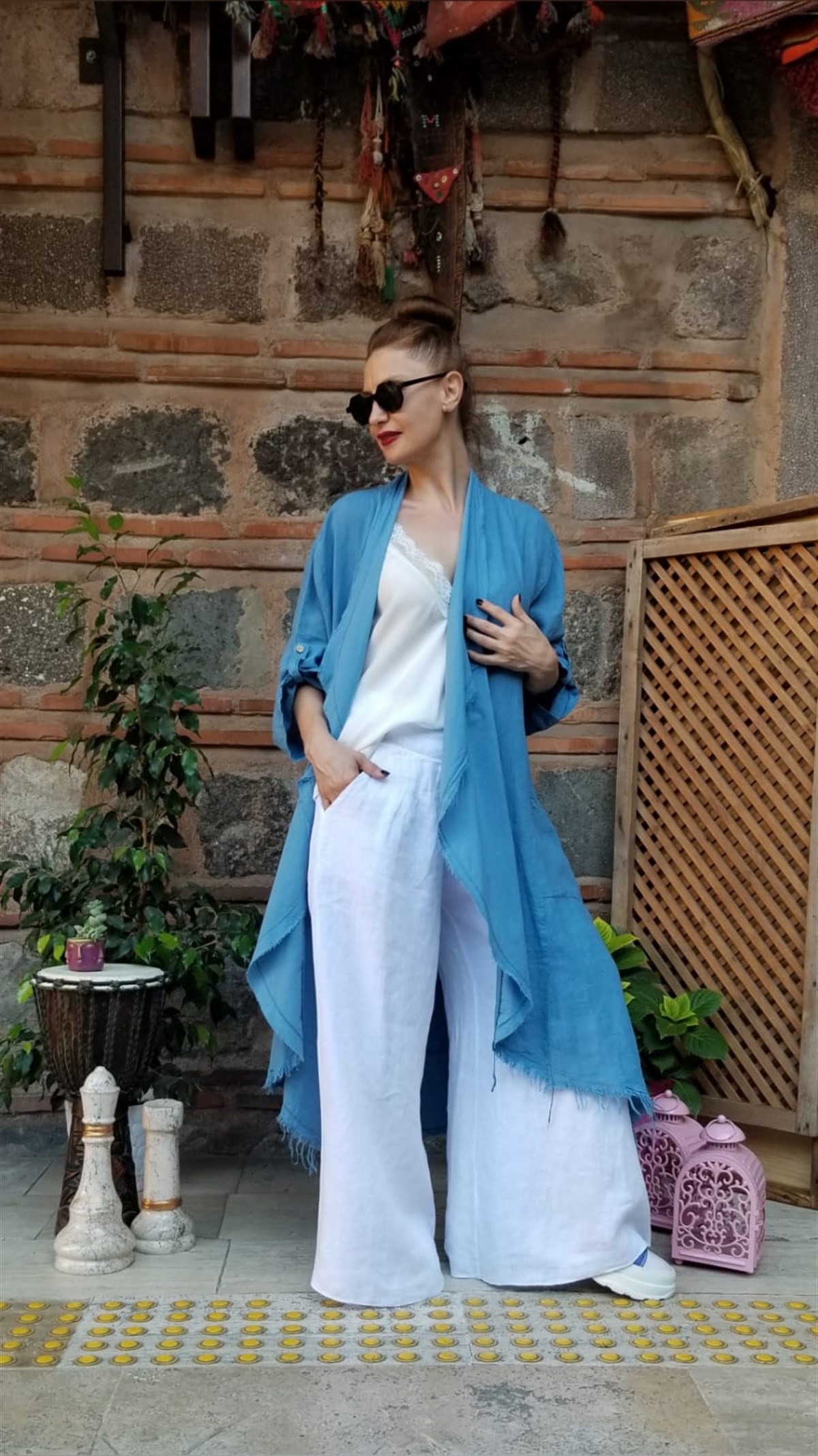 Mavi İtalyan Cepli Keten Kaftan