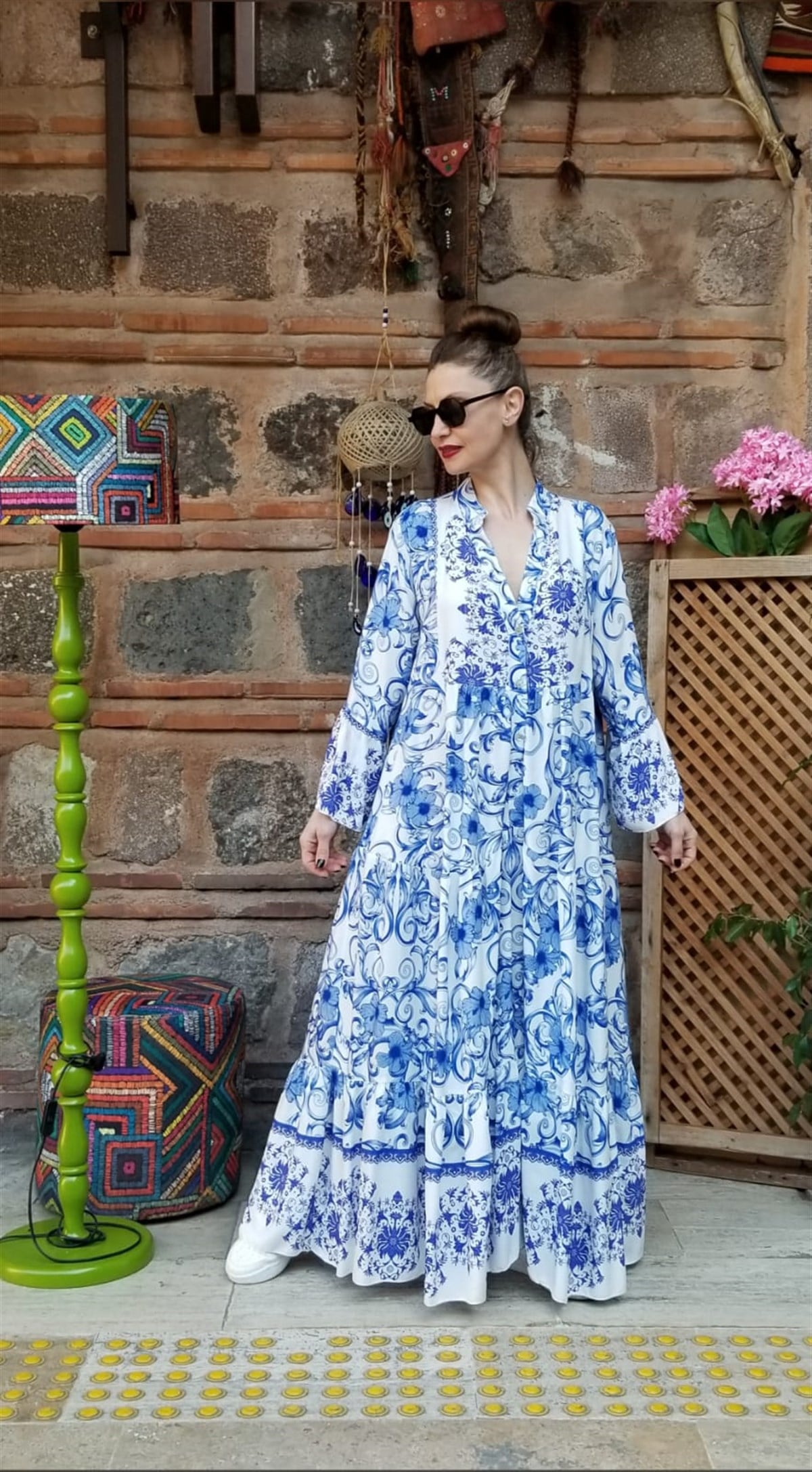 Mavi Pamuklu Viskon Kumaş Dijital Baskı Salaş Elbise