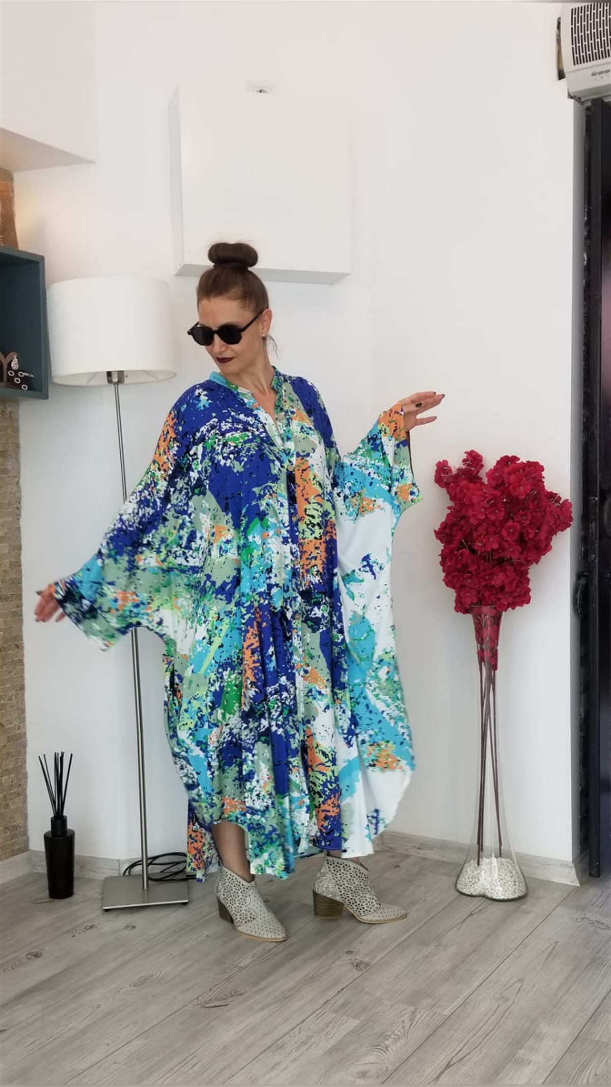 Mavi Splash Desenli Yarasa kollu Önü Ful Düğmeli Gömlek Elbise