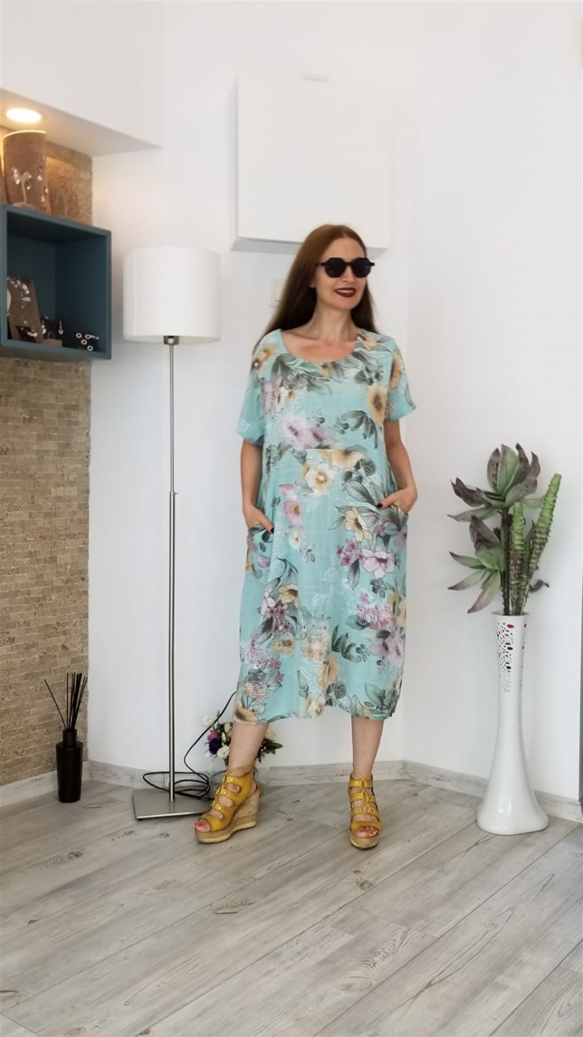 Mint Yeşili Keten Elbise