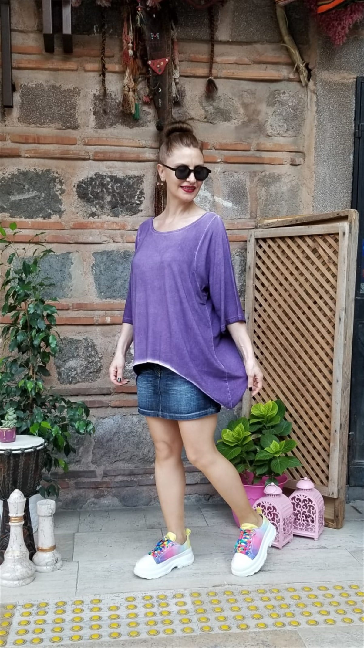 MorTaşlanmış Penye Kumaş Asimetrik Bluz