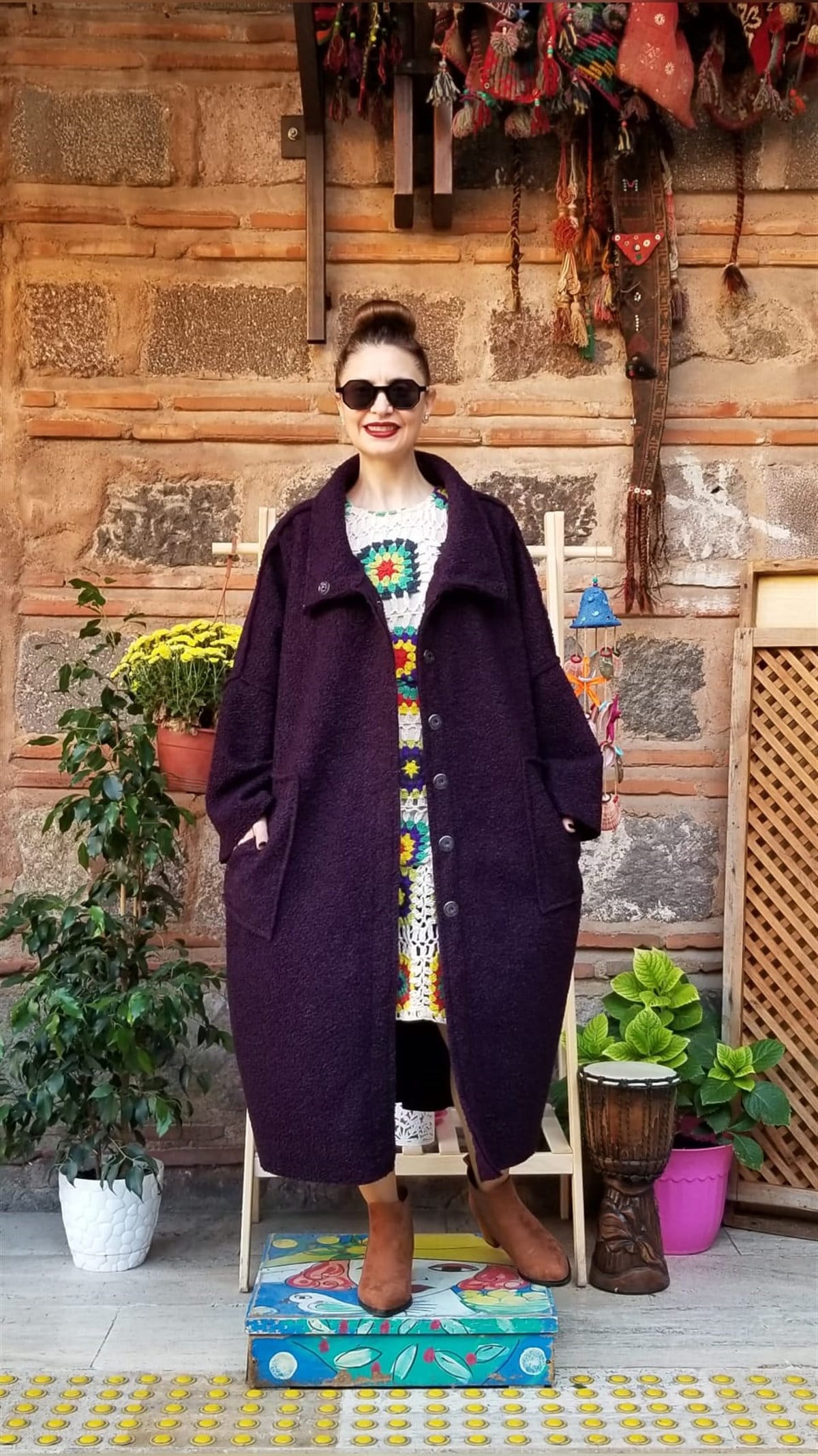 mürdüm Rengi Yün Buklet İçi Polar Kaban (Oversize)