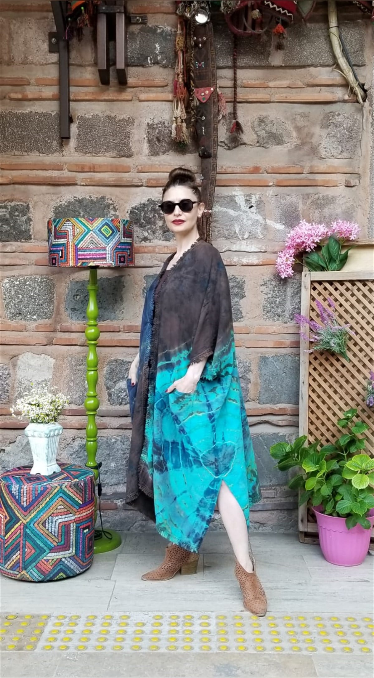 Müslin Kumaş Naturel El İşi Batik Cepli Kaftan