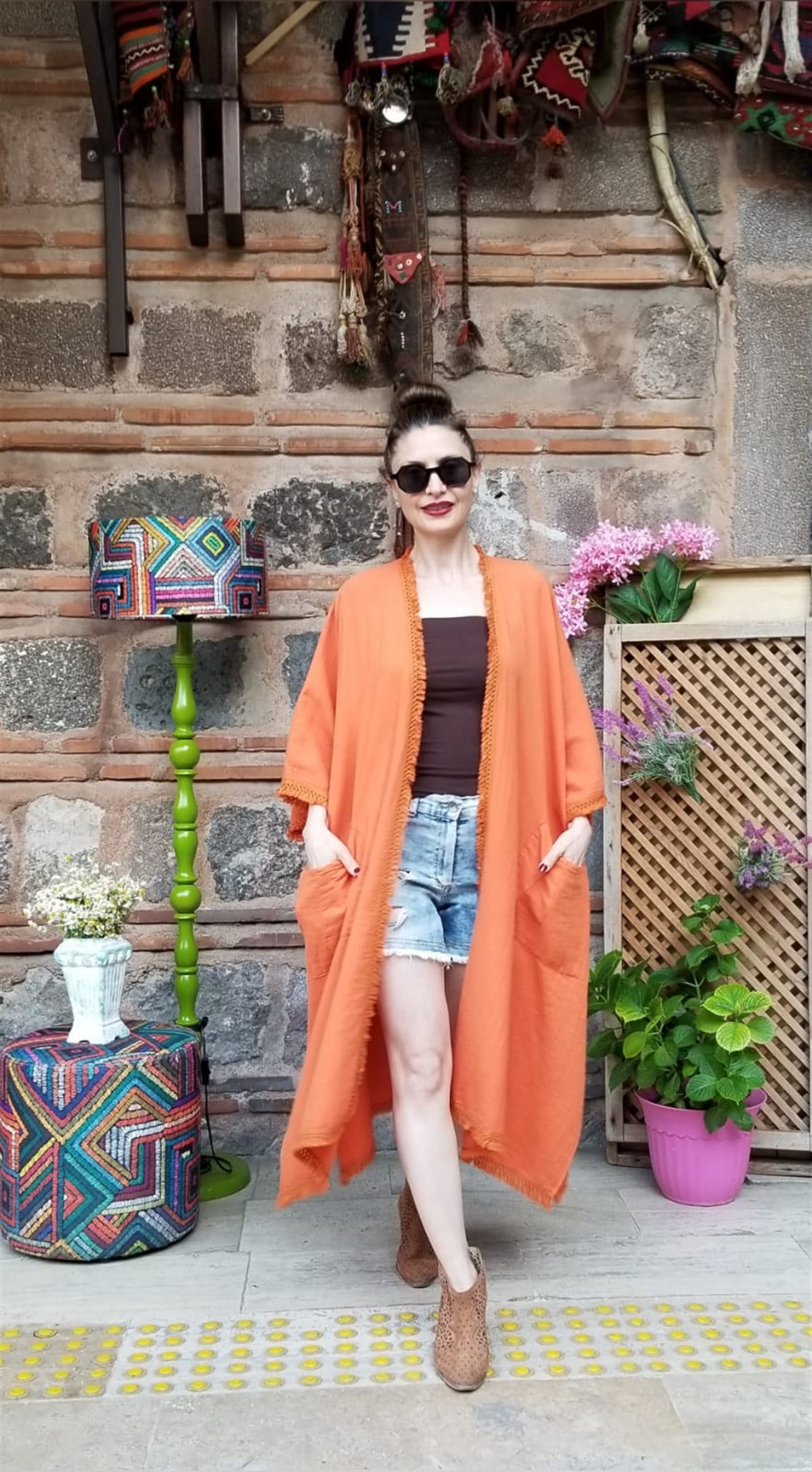 Müslin Kumaş Naturel Standart Cepli Turuncu Renk Kaftan