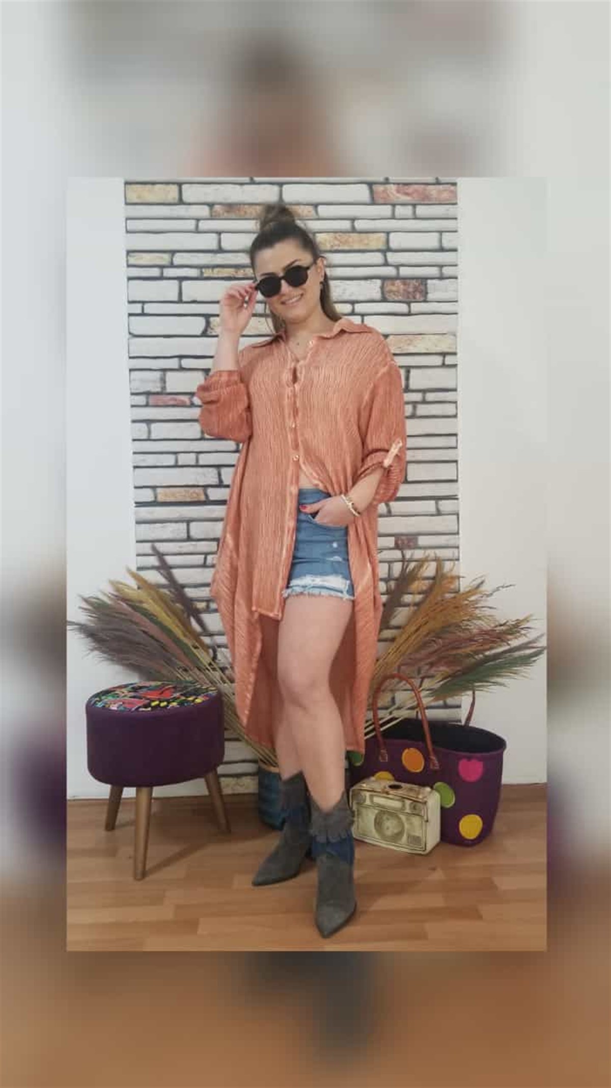 Orange Düğmeli Gömlek Elbise