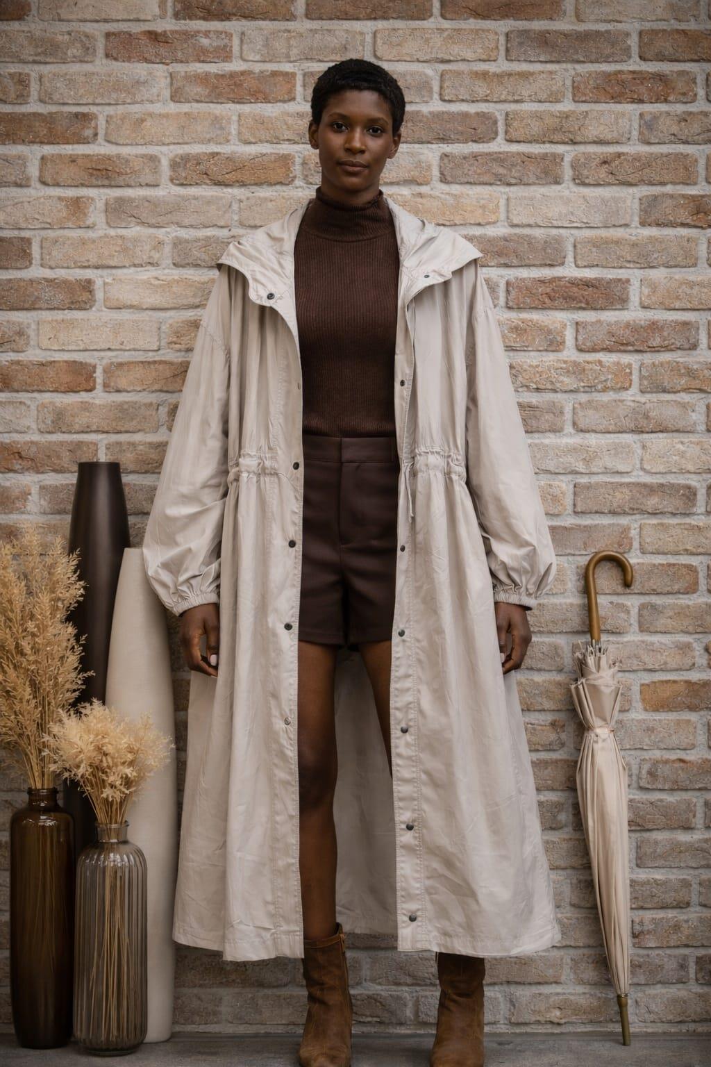 Oversize Kapüşonlu Kadın Yağmurluk Bej