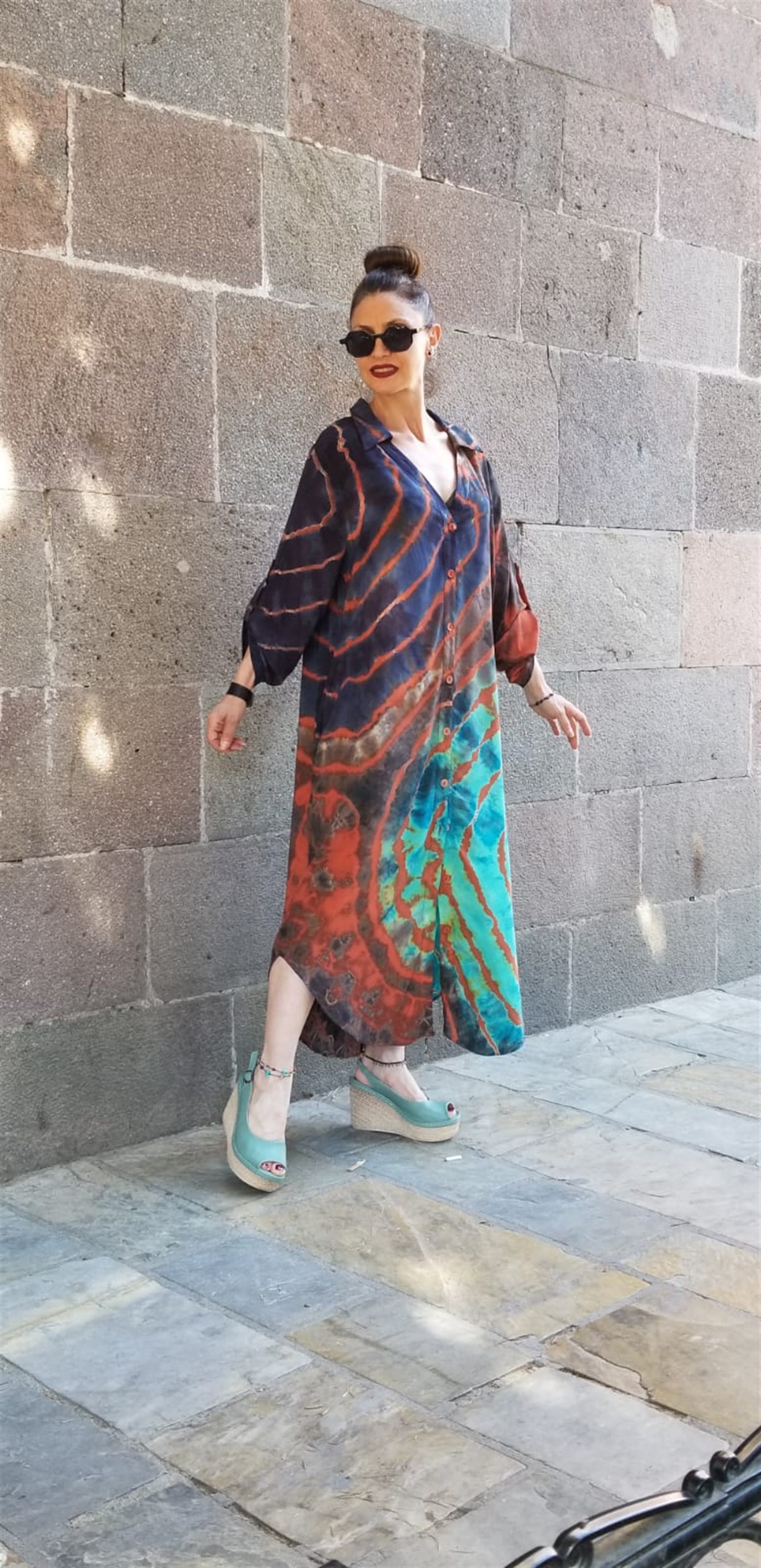 Pamuklu Viskon Kumaş Batik Desen Cepli Gömlek Elbise