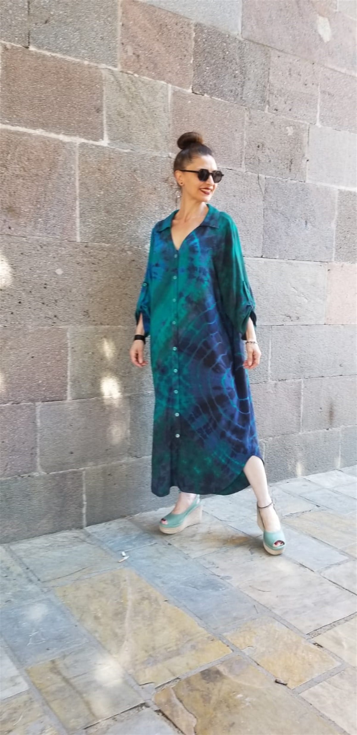 Pamuklu Viskon Kumaş Batik Desen Cepli Gömlek Elbise