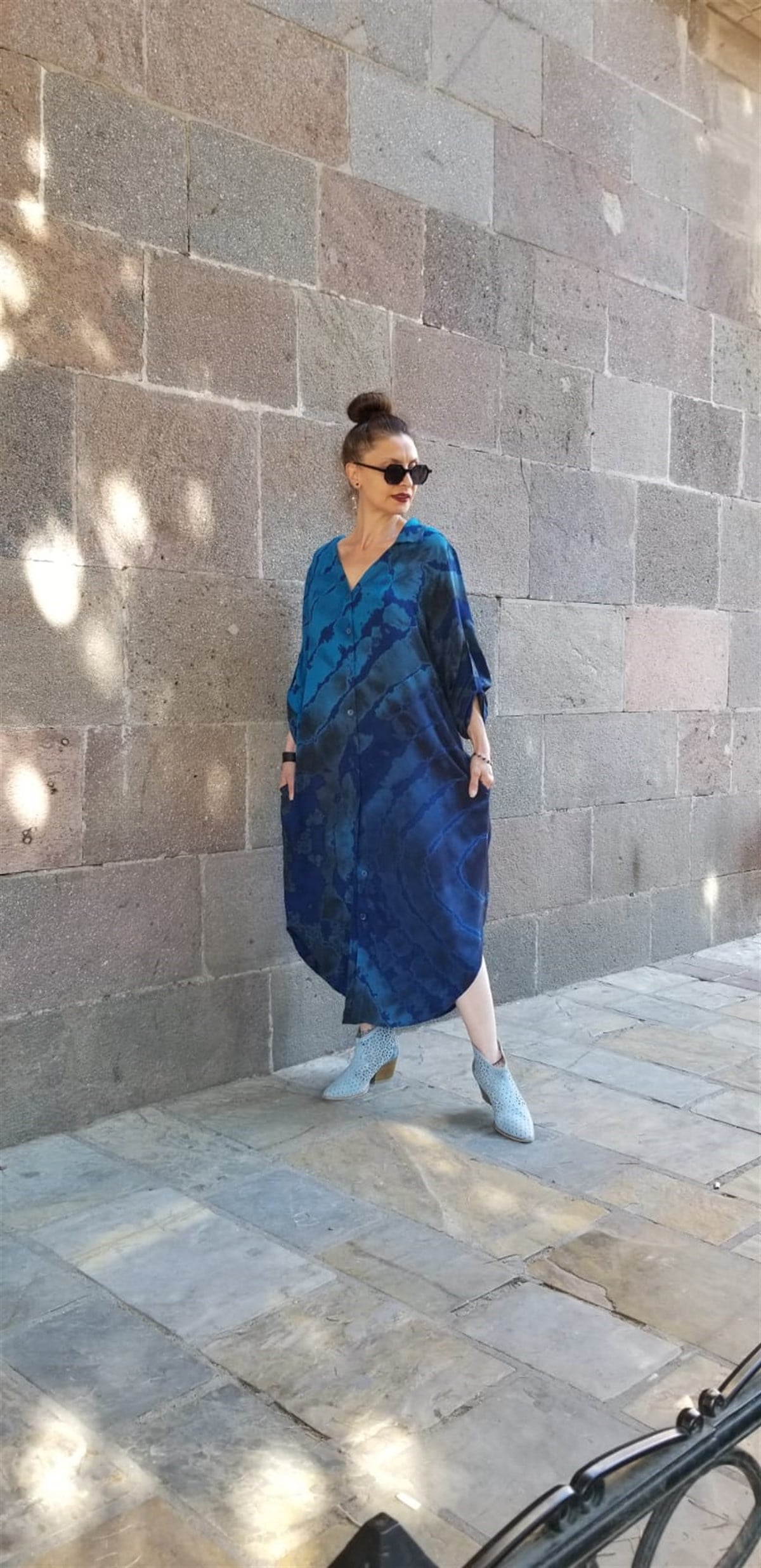 Pamuklu Viskon Kumaş Batık Desen Gömlek Elbise