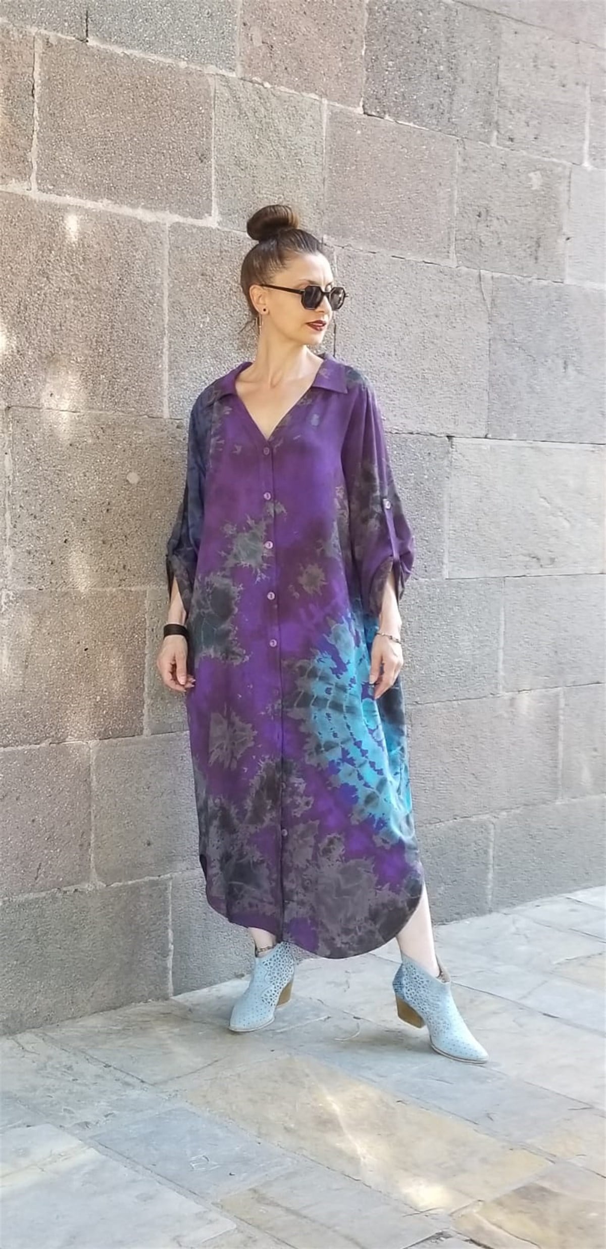 Pamuklu Viskon Kumaş Batık Desen Gömlek Elbise