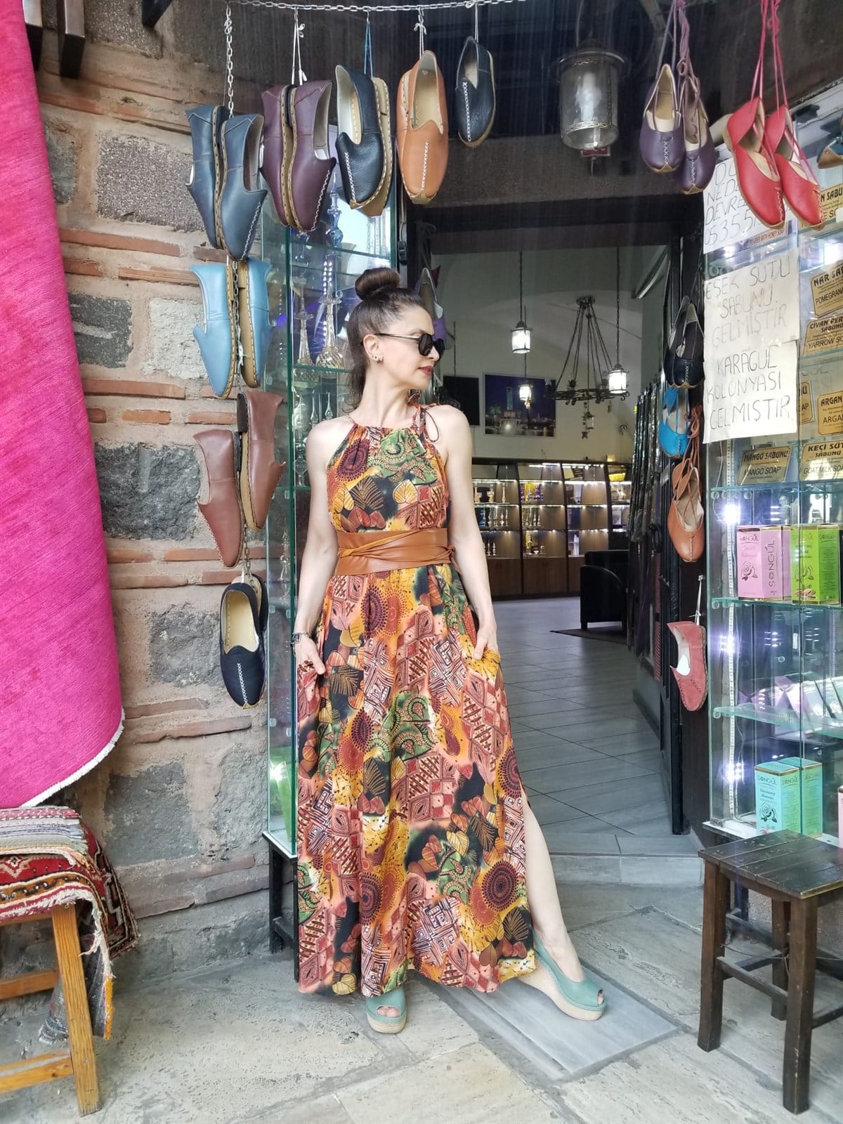 Pamuklu Viskon Kumaş Desenli İp Askılı Elbise