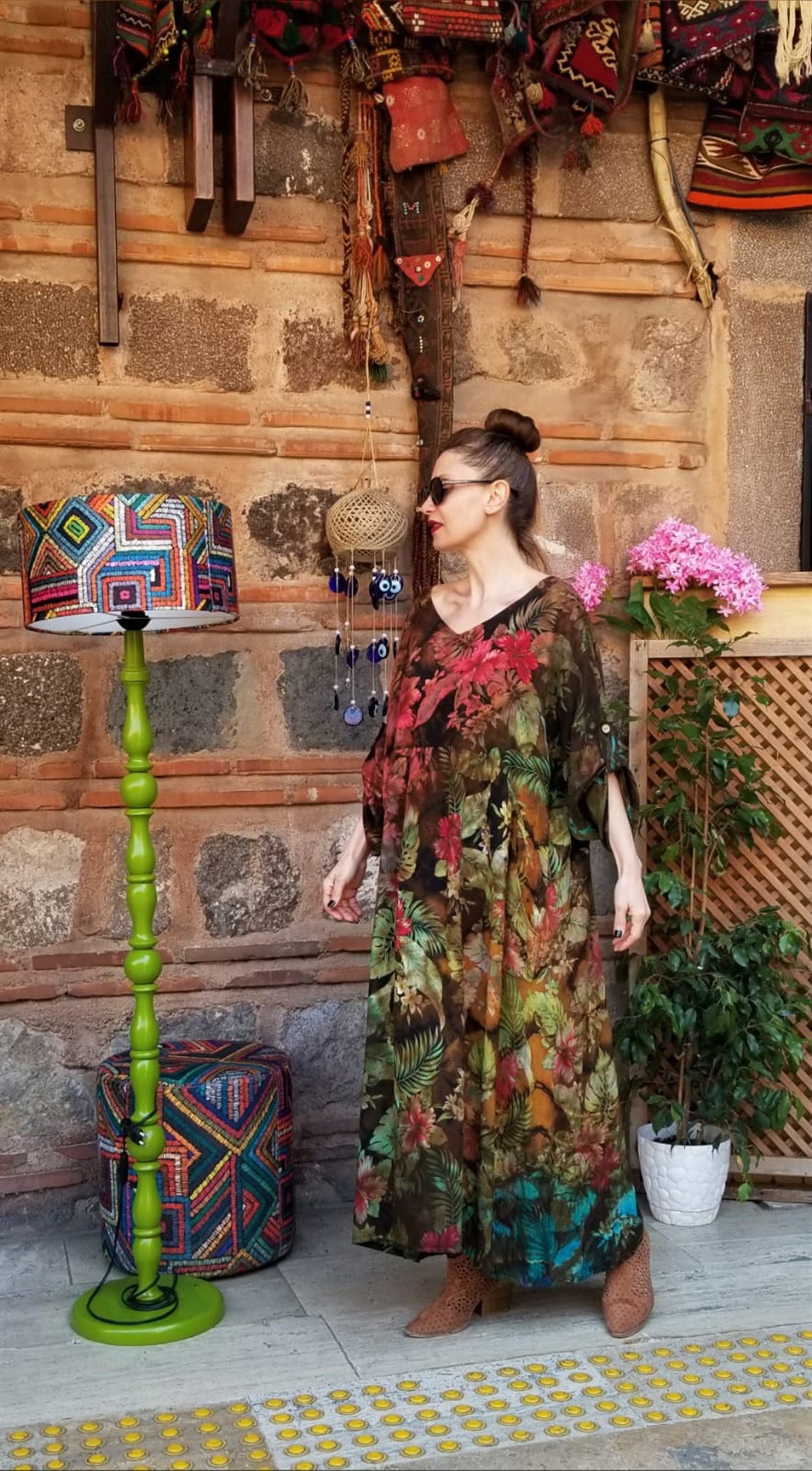 Pamuklu Viskon Kumaş Yaprak Desen Batik Salaş Elbise