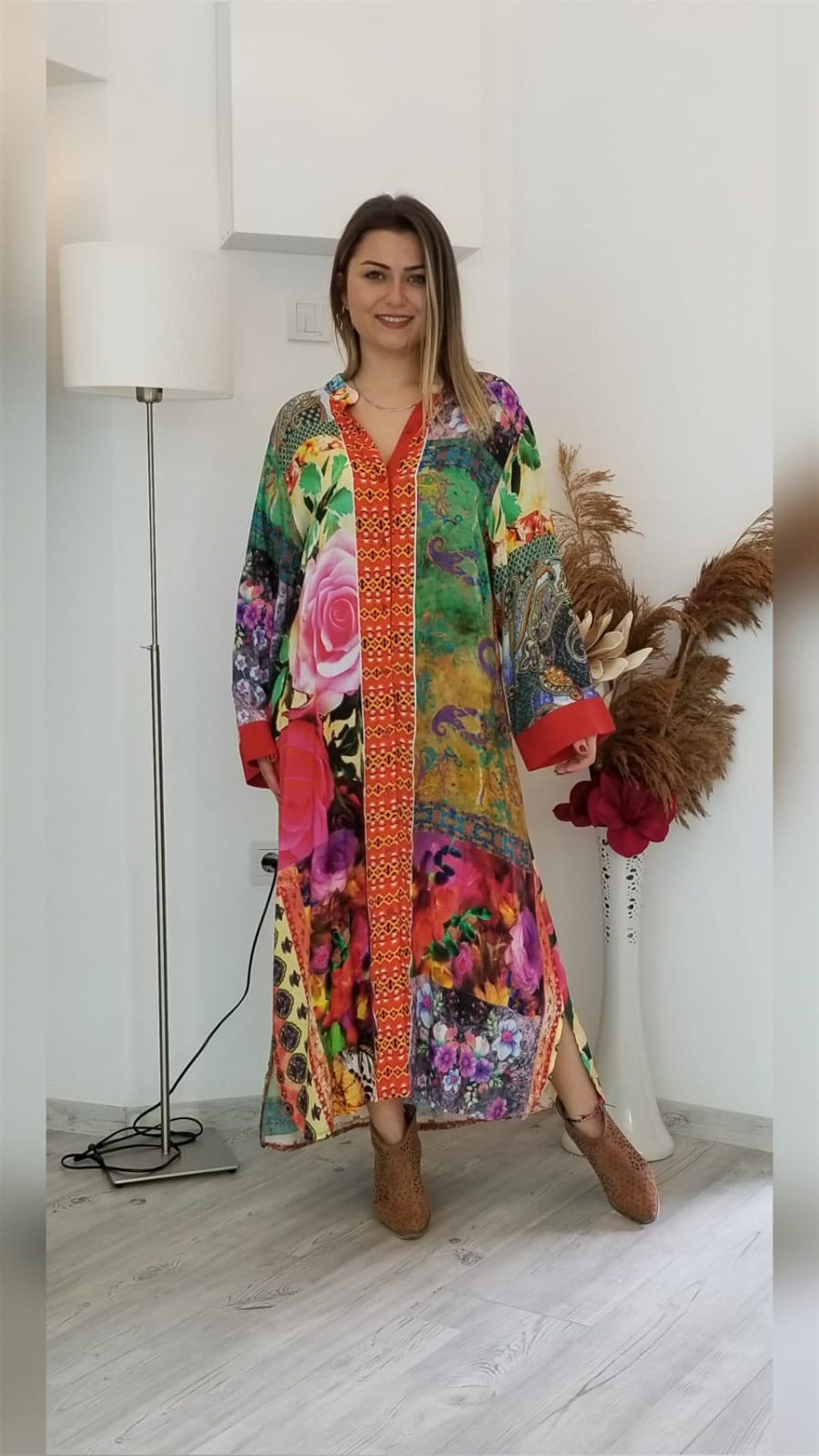 Patchwork Desenli Önü Ful Düğmeli Gömlek Elbise