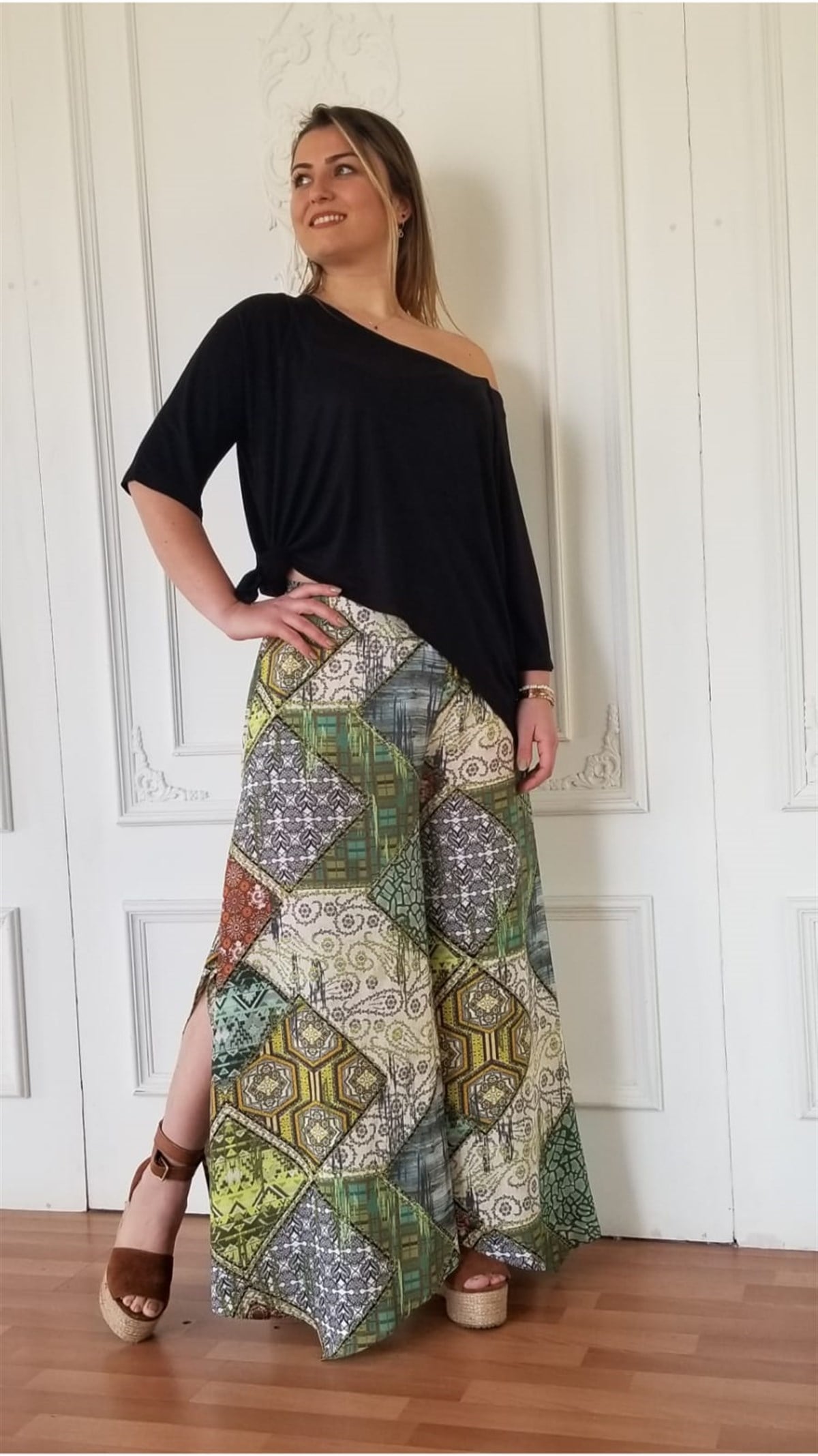 Patchwork Yanı Yırtmaçlı Pantolon