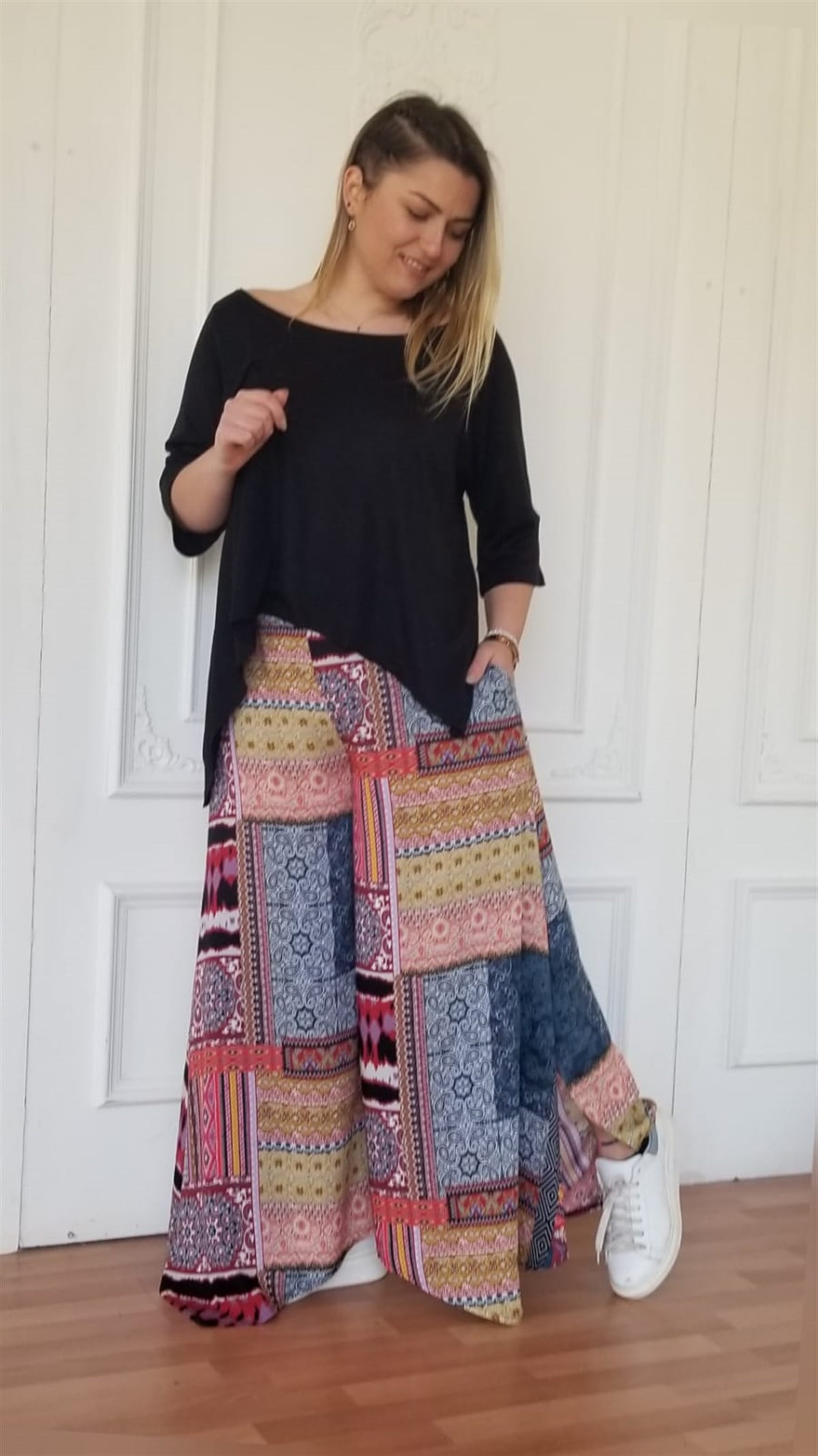 Patchwork Yanı Yırtmaçlı Pantolon