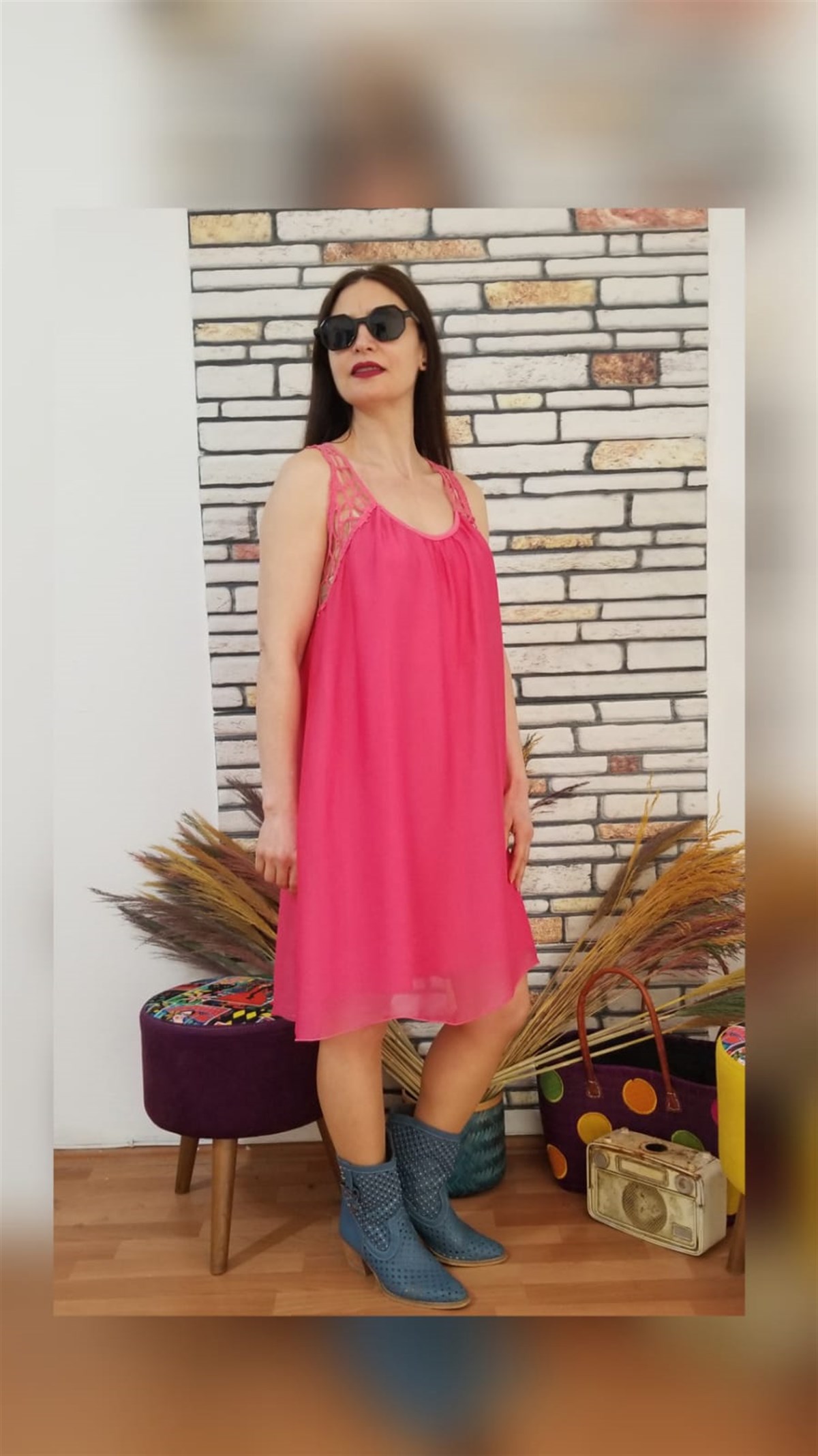 Pembe  Askılı İpek Elbise İçi Astarlı