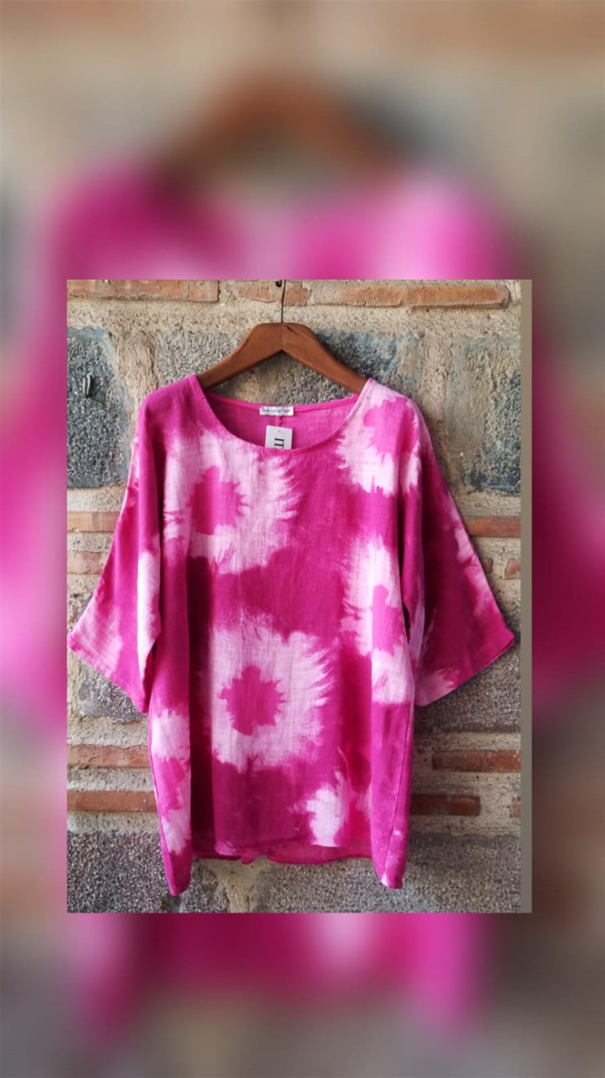 Pembe Batik Desenli Keten Bluz