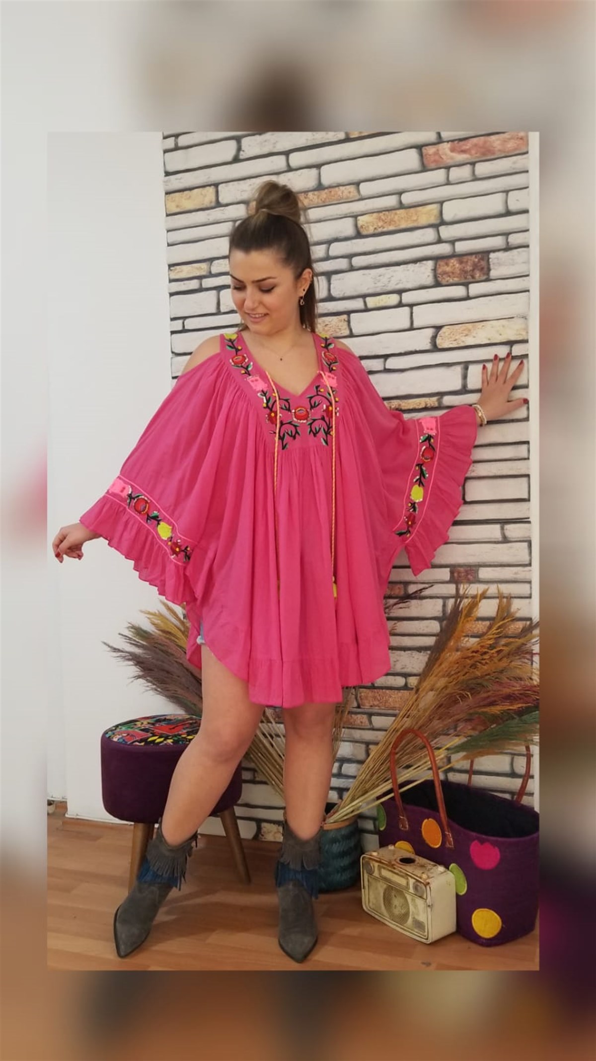 Pembe Bohem Tarzı Nkışlı Omuzu Açık Tunik