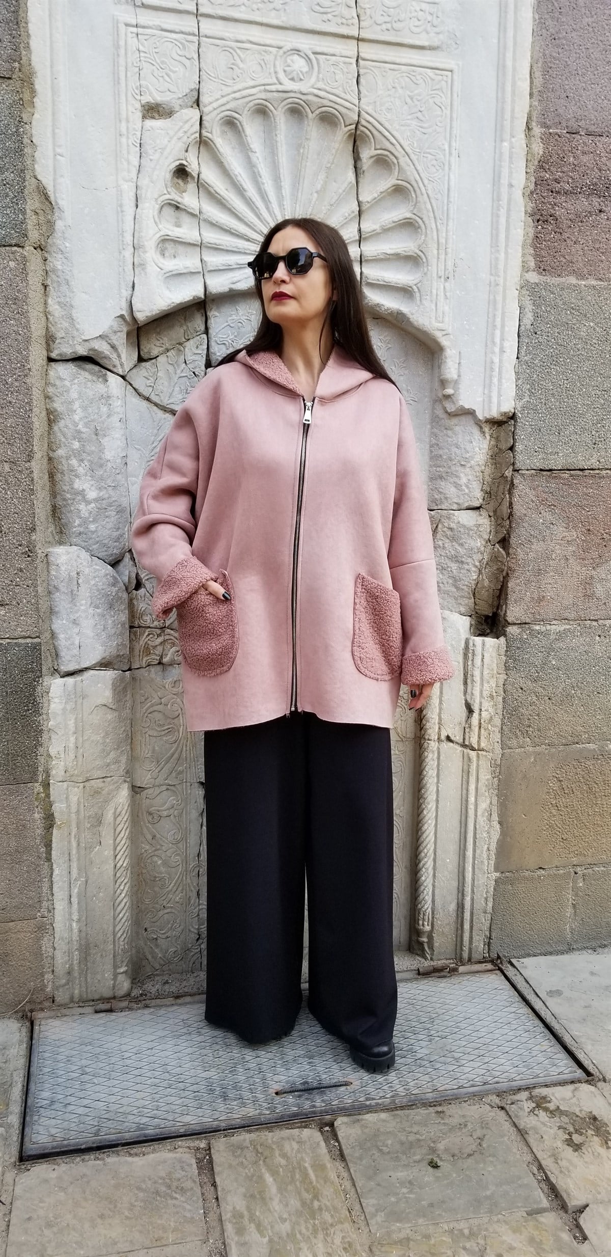 Pembe İçi Yün Süet  Kaban