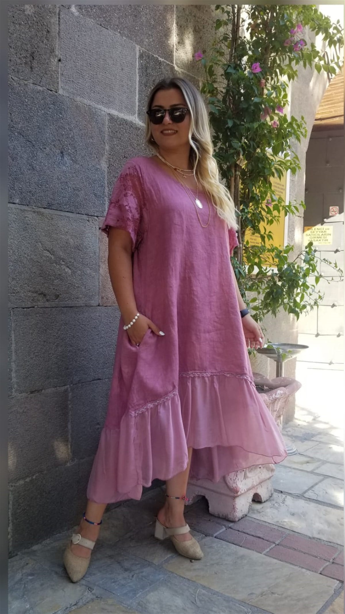 Pembe İtalyan Keten Kumaş Elbise