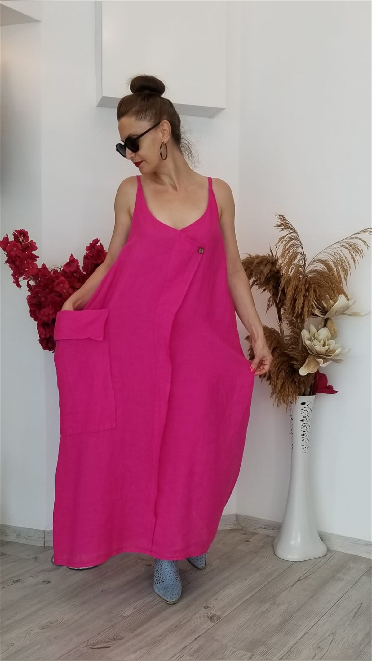 Pembe İtalyan Keten Kumaş İp Askılı Elbise
