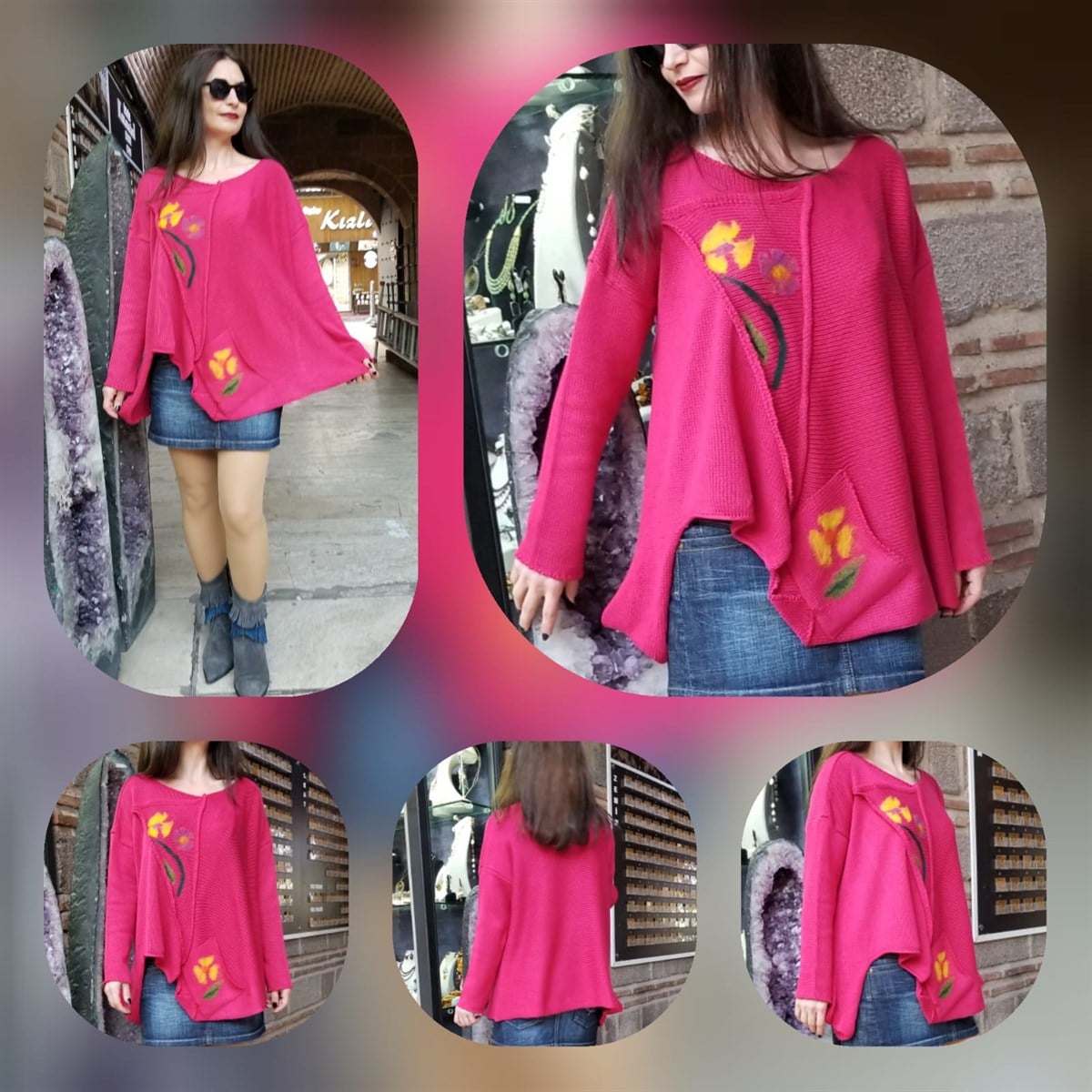 Pembe Keçe Detaylı Kazak