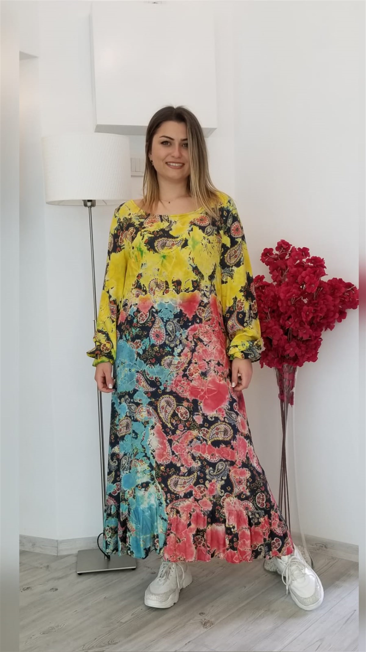 Renkli Batik Desenli Cepli Elbise