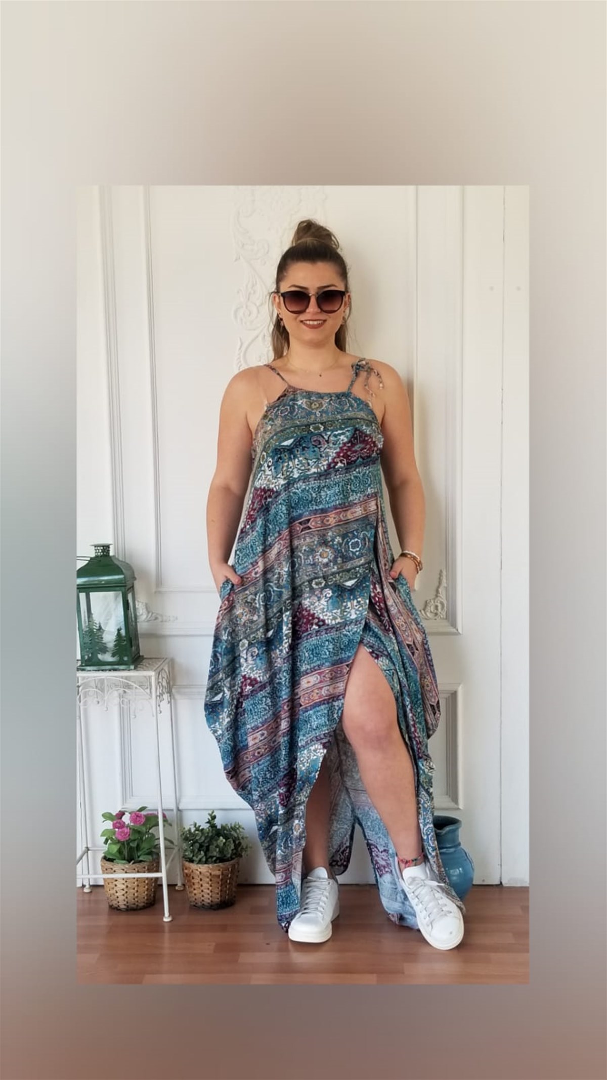 Renkli Etnik Kilim Desen Boyundan Bağlamalı Önü Çapraz Elbise