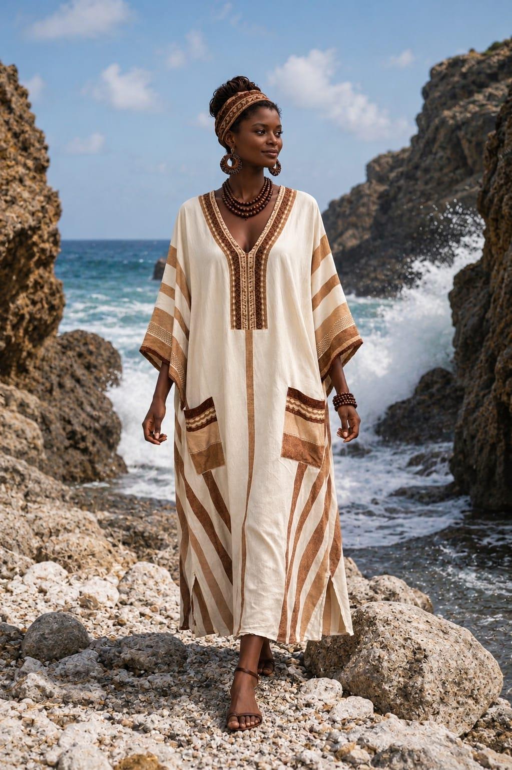 Sahara Bohem Elbise Ekru Multi Color