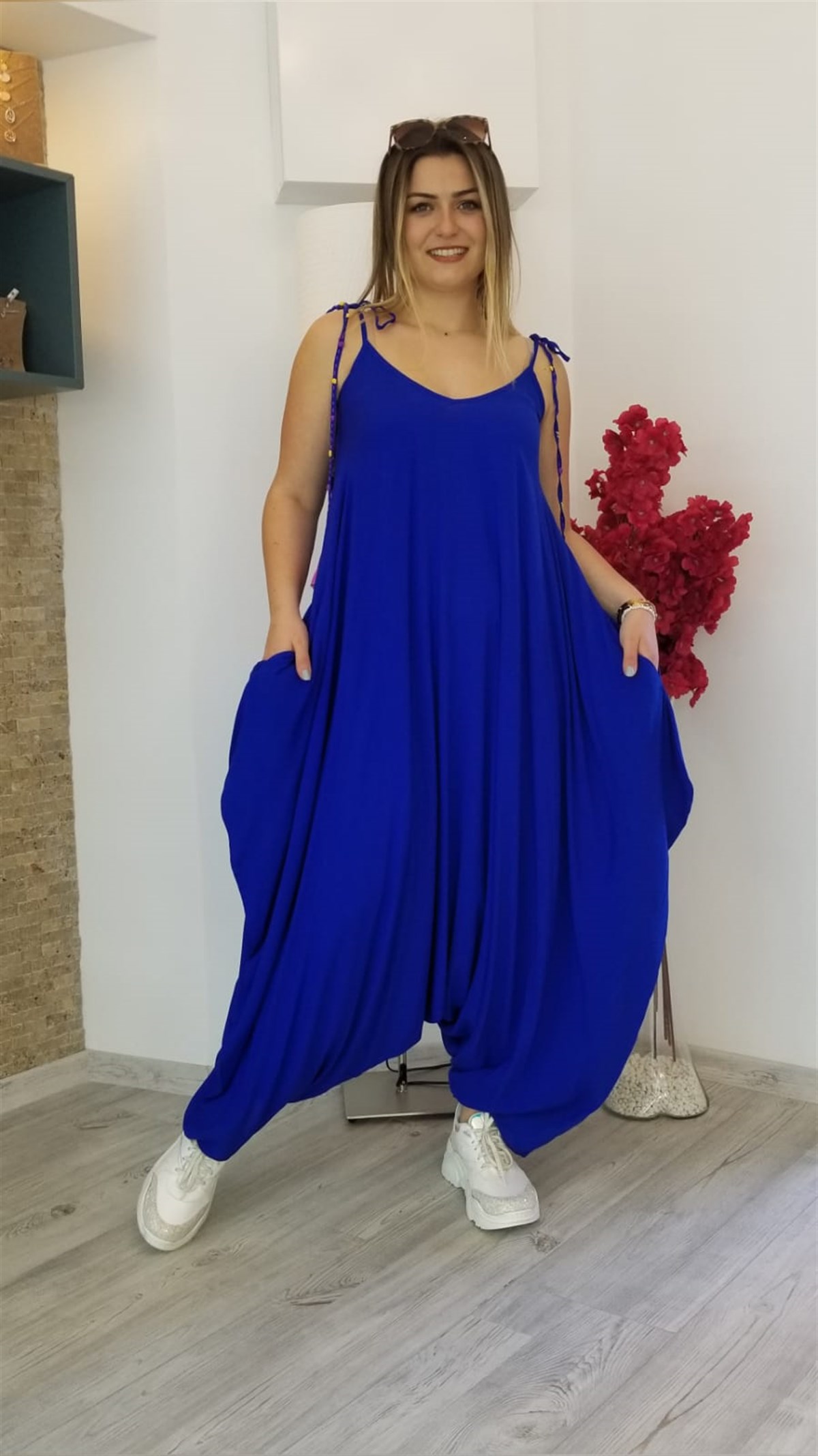 Saks Mavi Askılı Şalvar Tulum Elbise