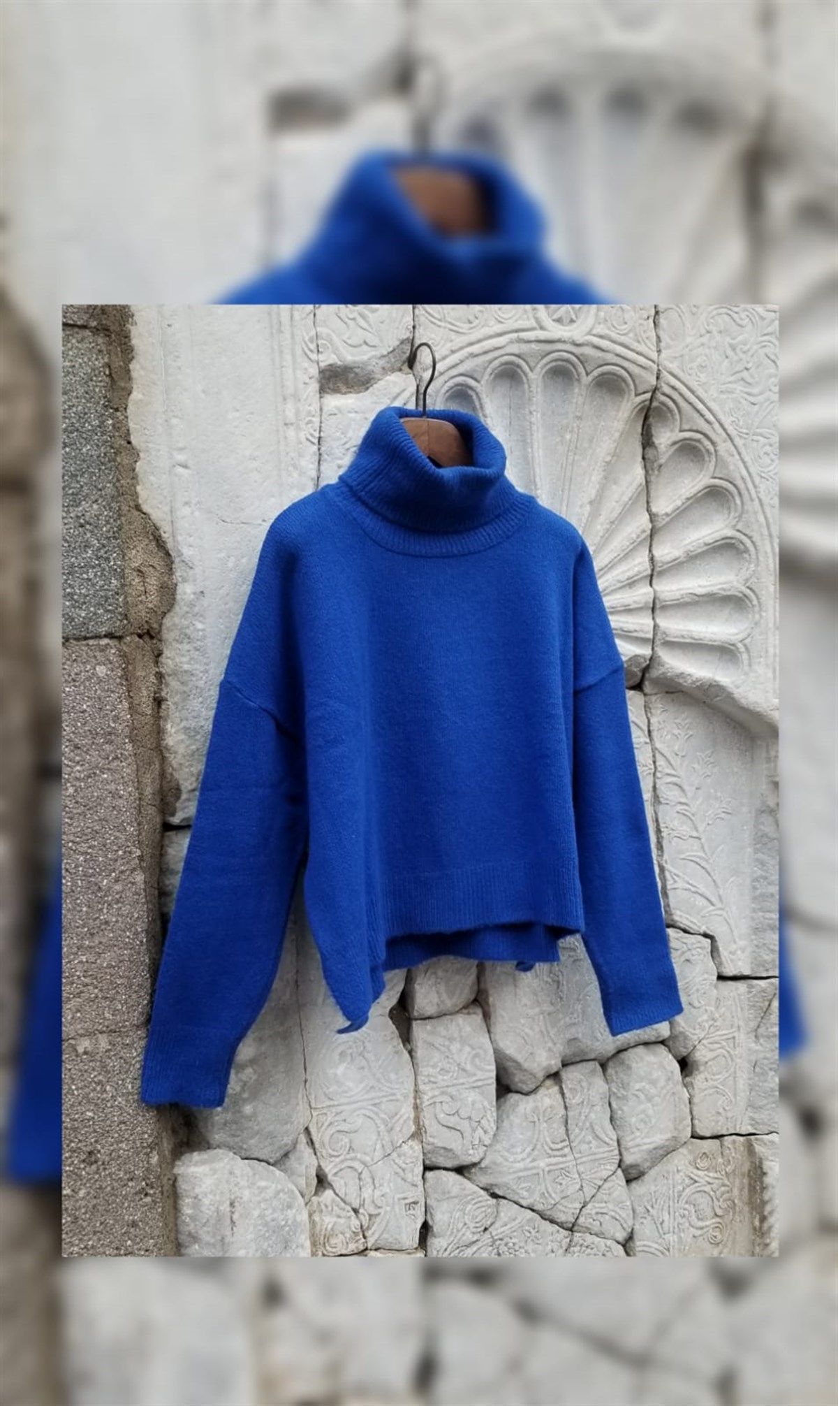 Saks Mavi Balıkçı Yaka Kazak