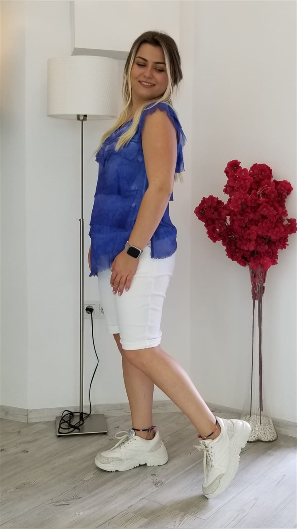 Saks Mavi İtalyan Kat Kat İpek Kumaş Bluz