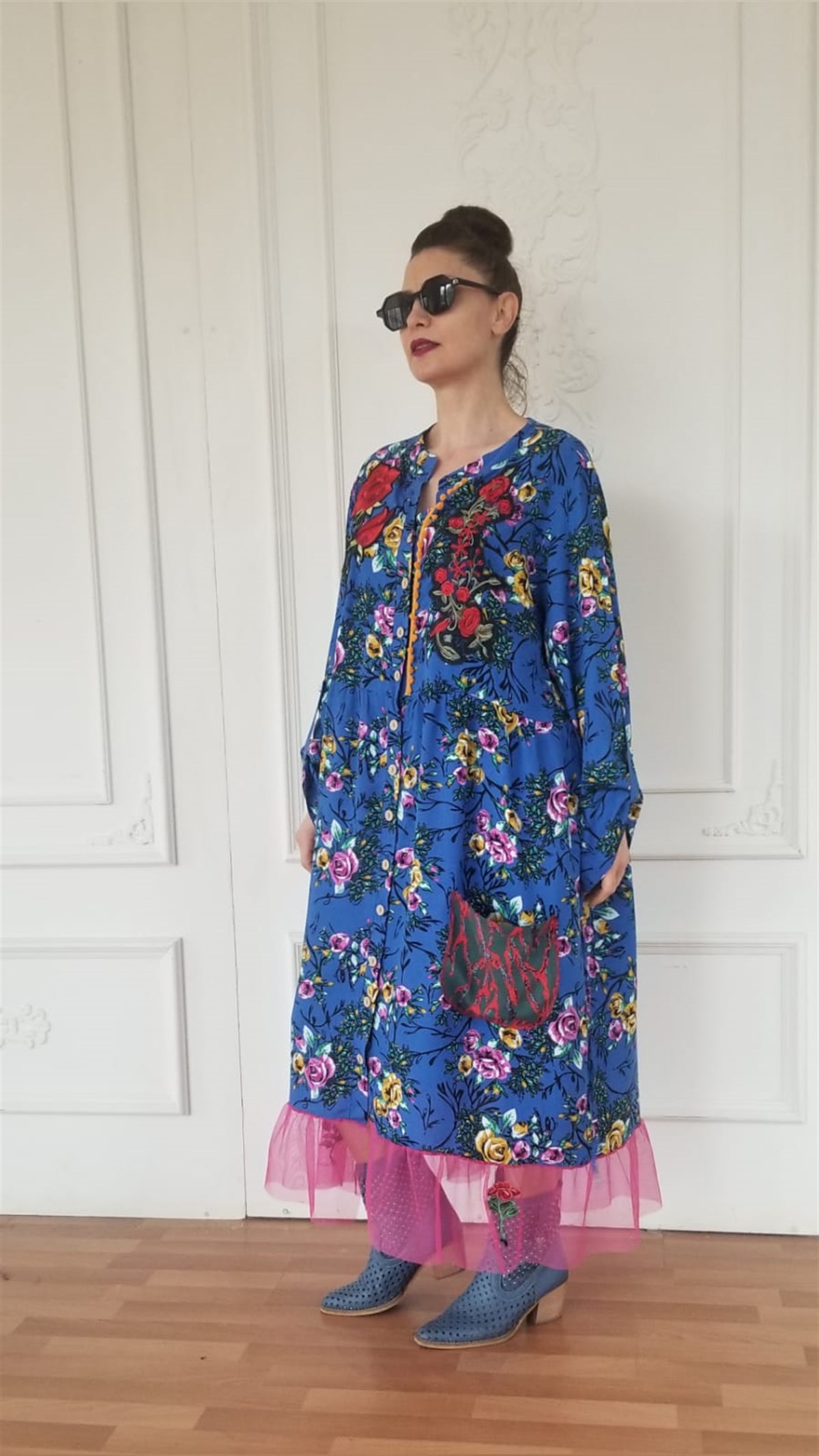 Saks Mavisi Çiçekli Altı Tül Elbise
