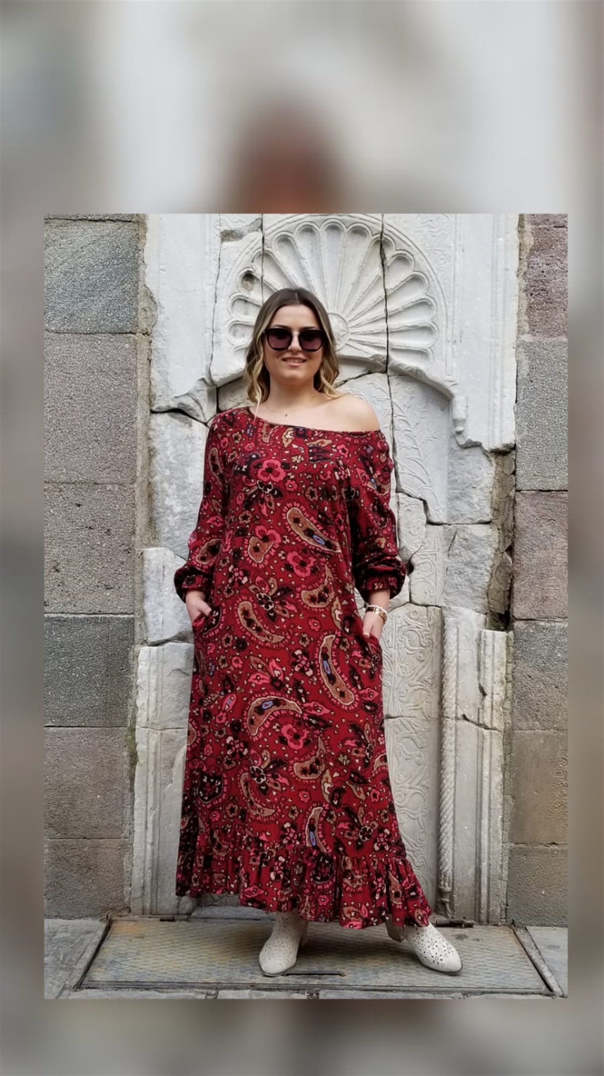 Şal Desen Bordo Elbise