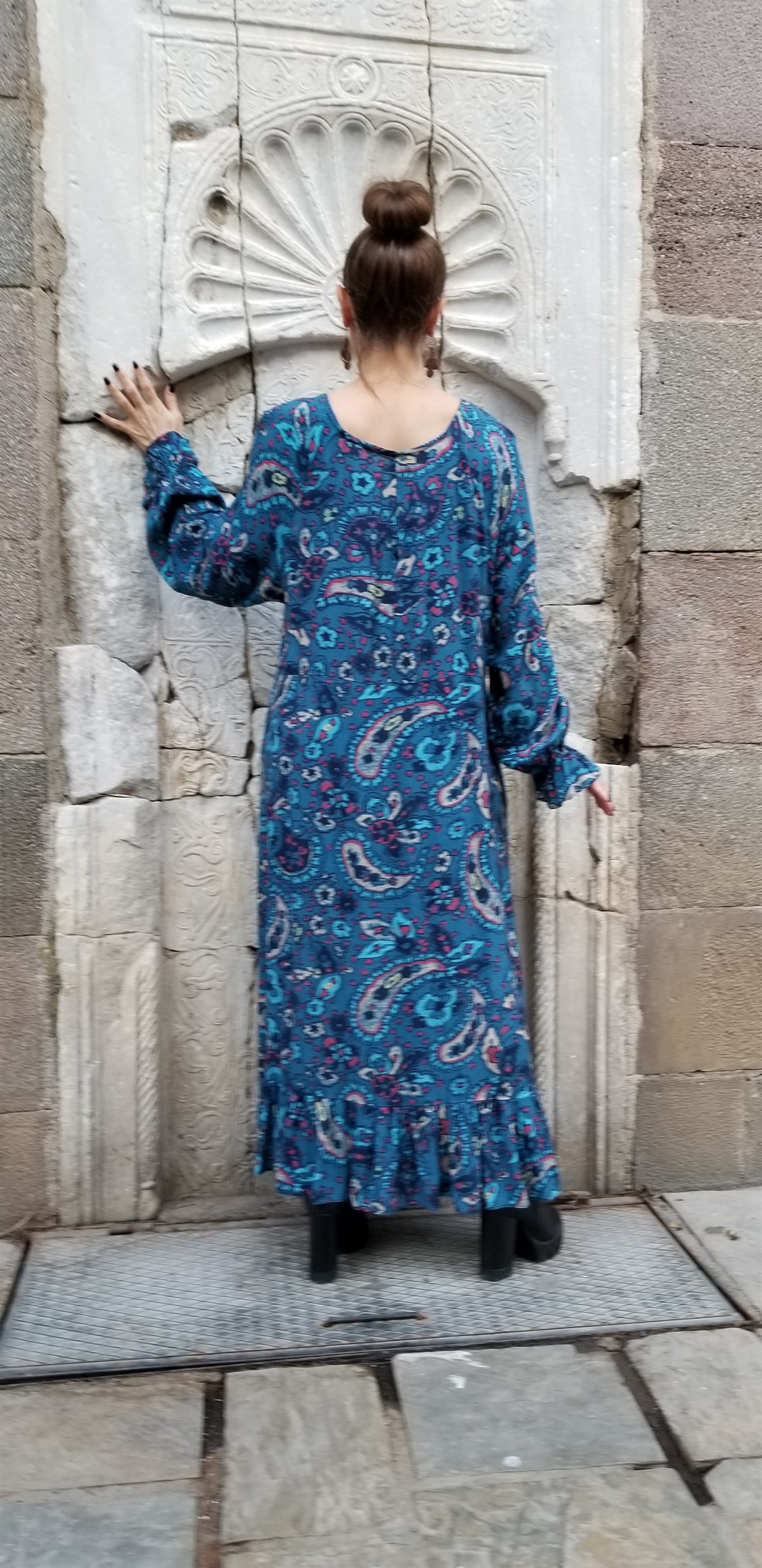Şal Desen Mavi Elbise