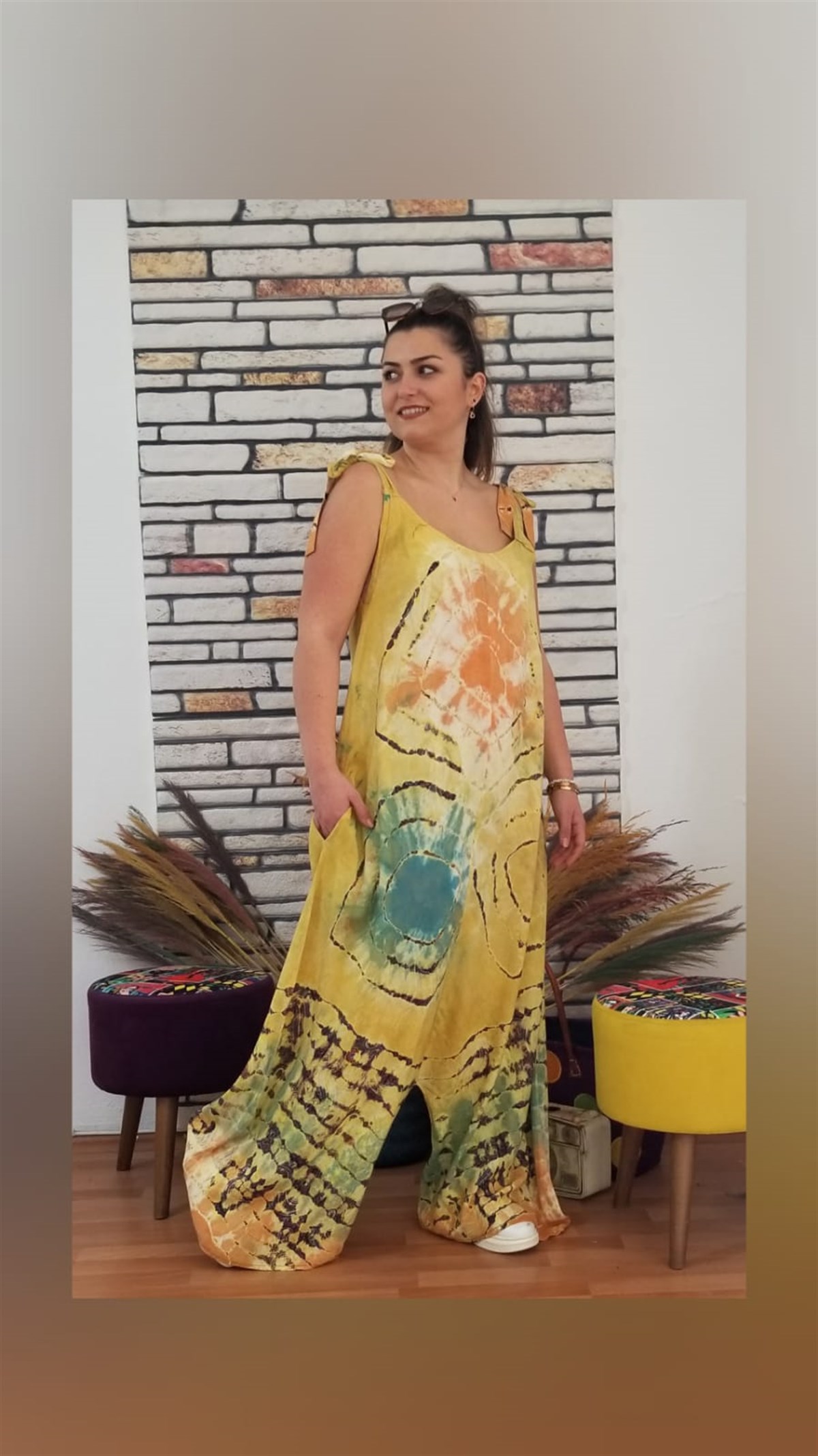 Sarı Batik Desenli Tunik Elbise