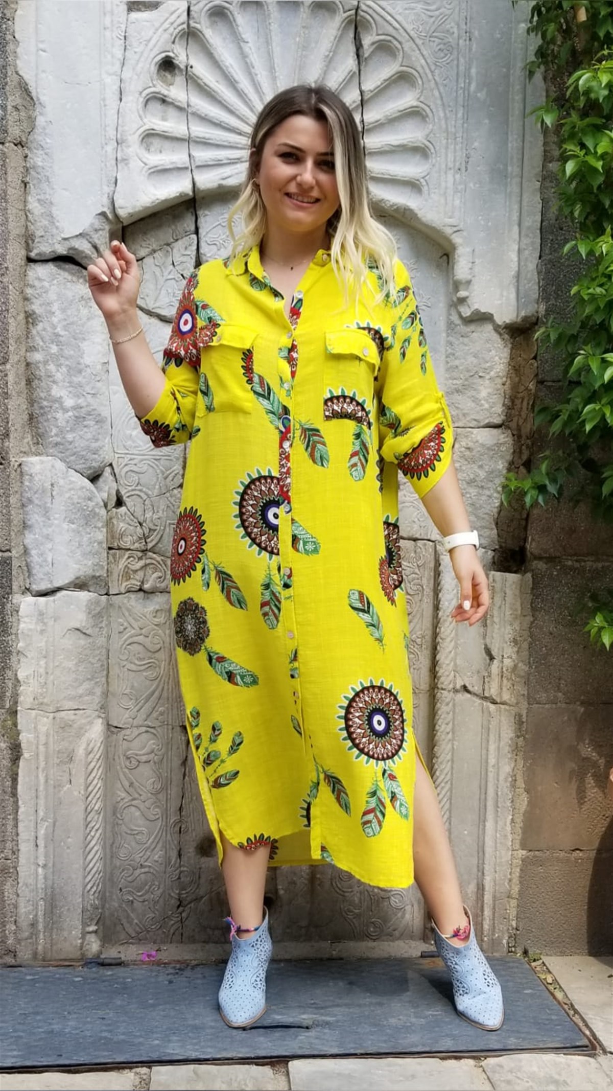 Sarı Desenli Önü Ful Düğmeli Gömlek Elbise