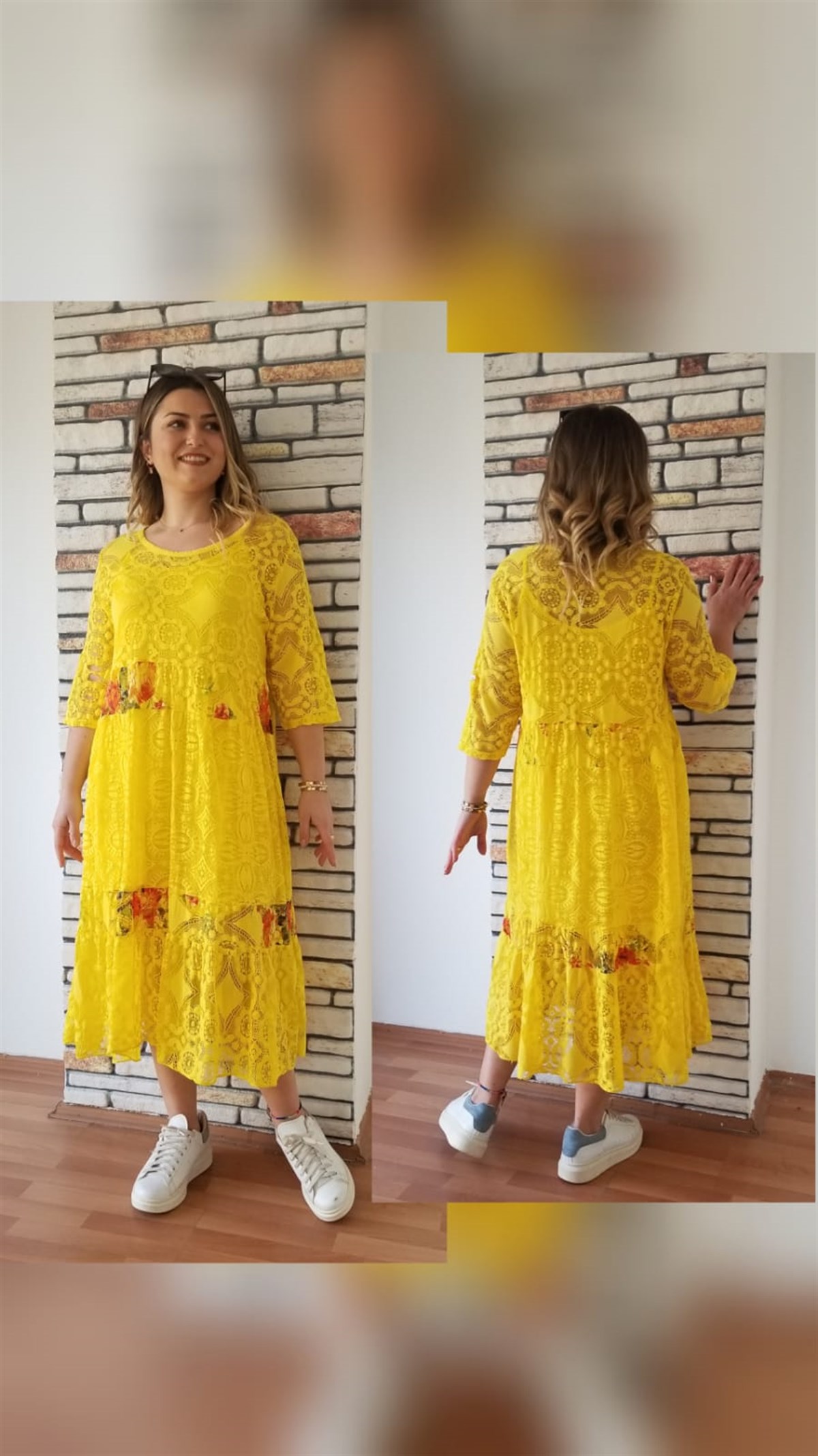 Sarı İtalyan Dantelli İşlemeli İçi Astarlı Elbise