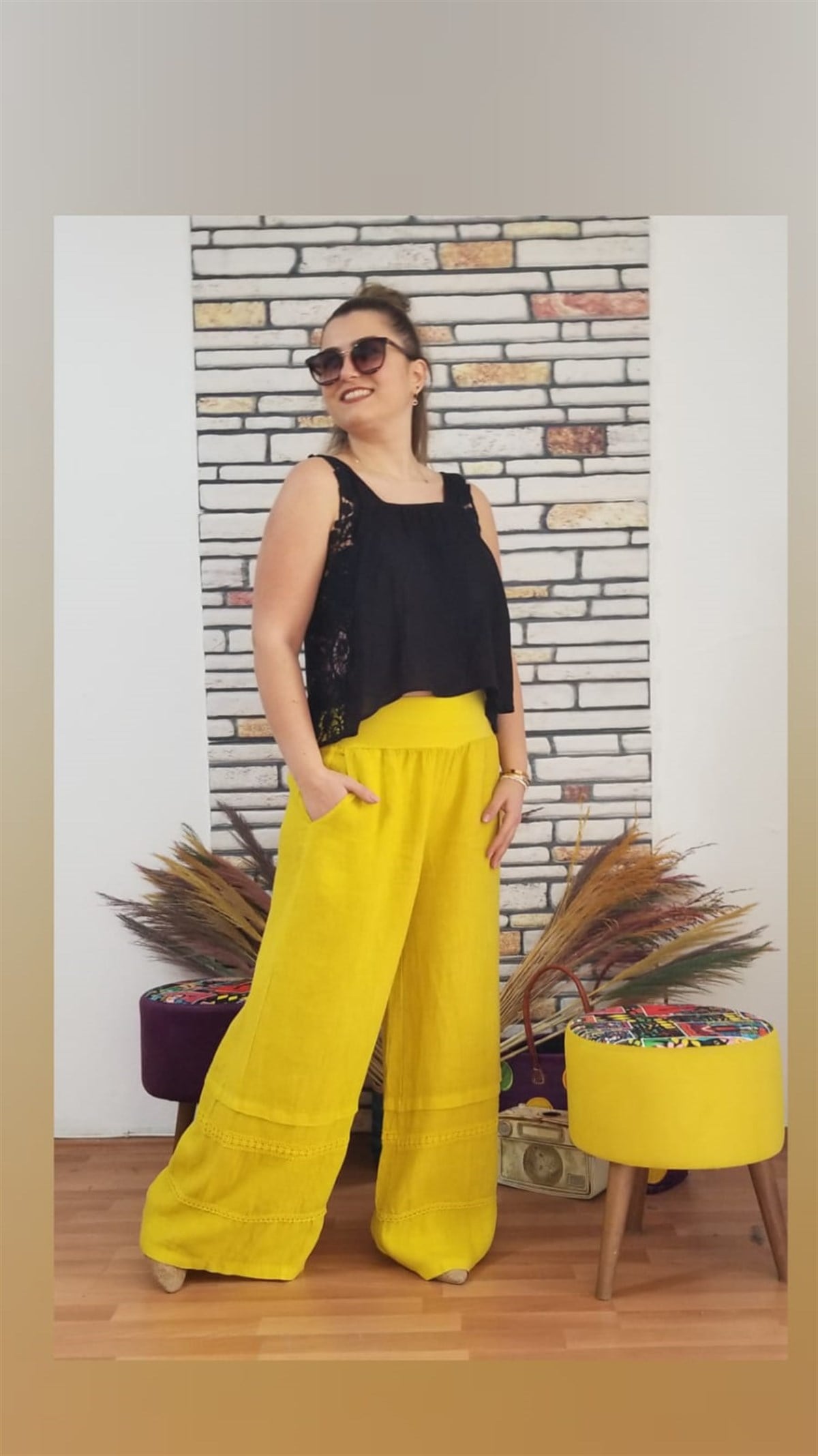 Sarı Keten Pantolon