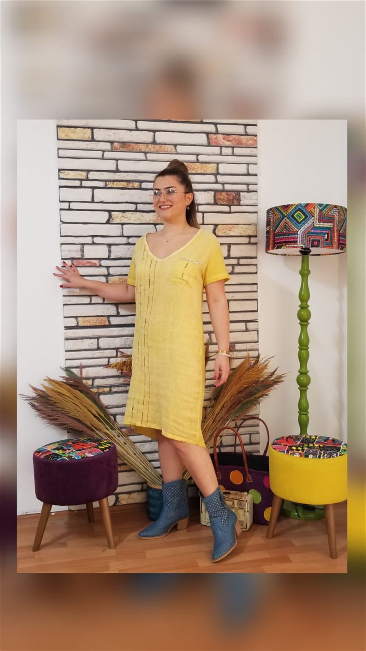 Sarı Ön Keten Arka Penye Kumaş Elbise 