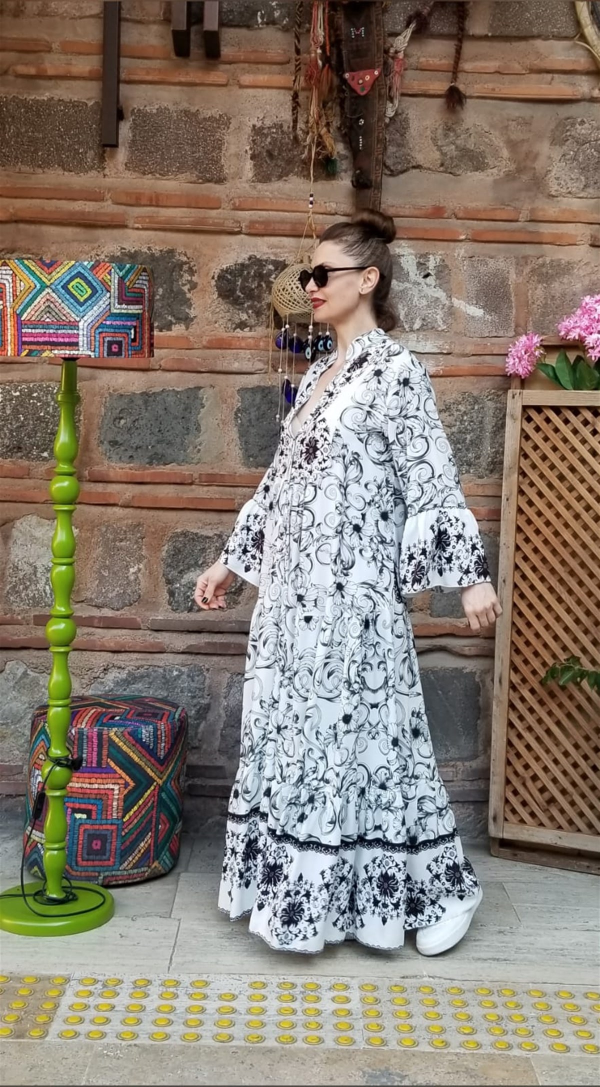 Siyah Beyaz Pamuklu Viskon Kumaş Dijital Baskı Salaş Elbise