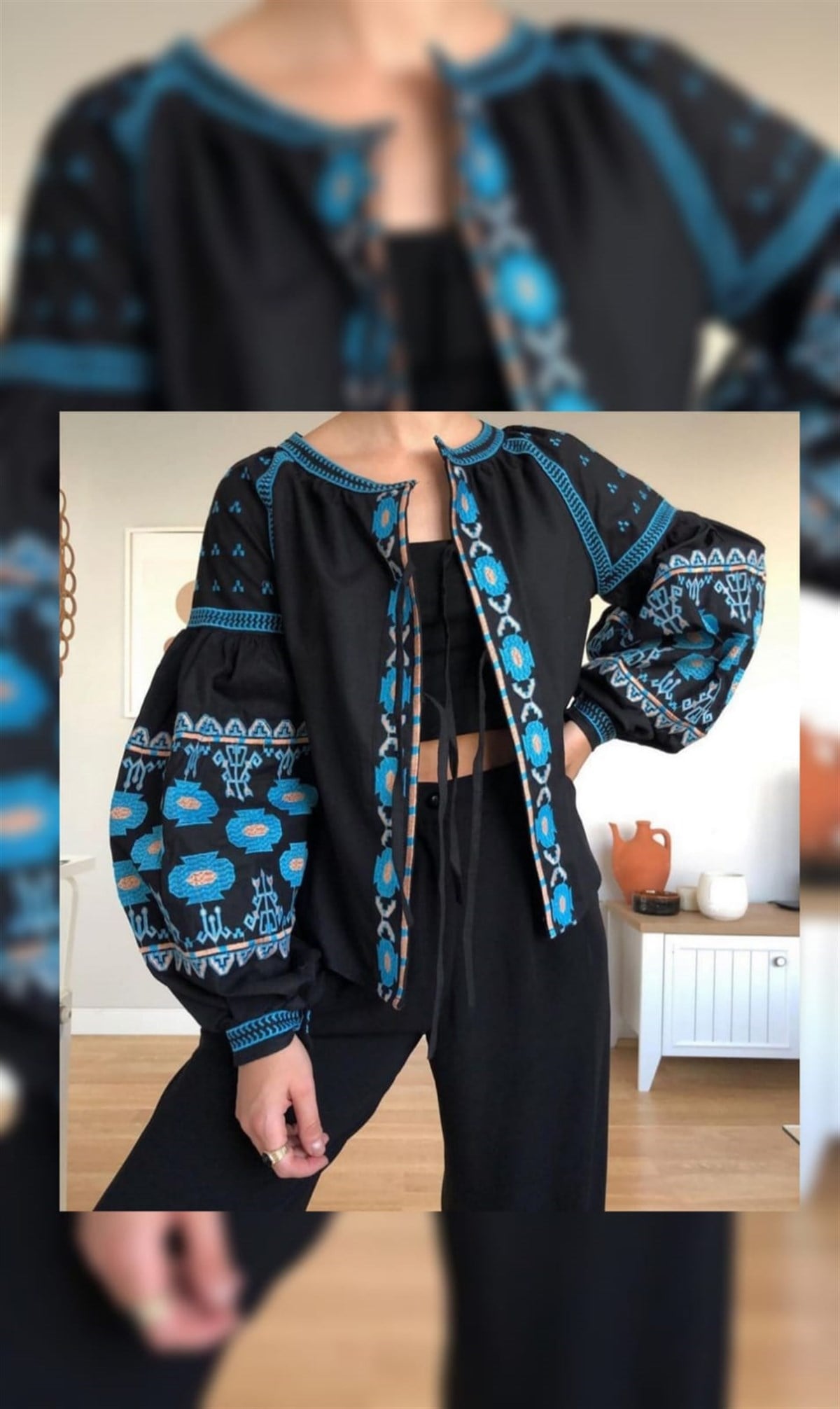 Siyah Nakışlı Bluz 